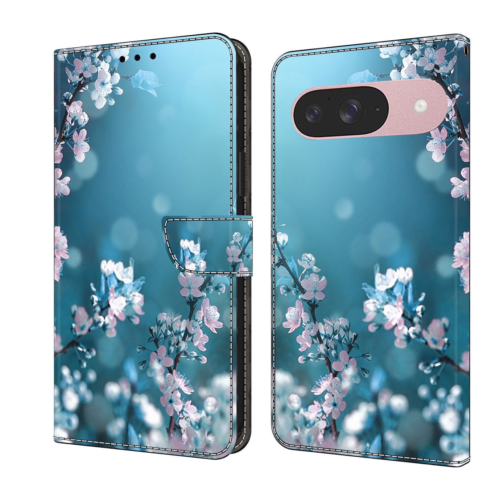 CLM-Tech Handytasche für Google Pixel 9 / 9 Pro Hülle aus Kunstleder Klapphülle (Pflaumenblüte blau, Handyhülle mit Standfunktion - Wallet Flip Case inklusive Kartenfächer), - Cover mit Magnetverschluss - Google Pixel 9 Schutzhülle