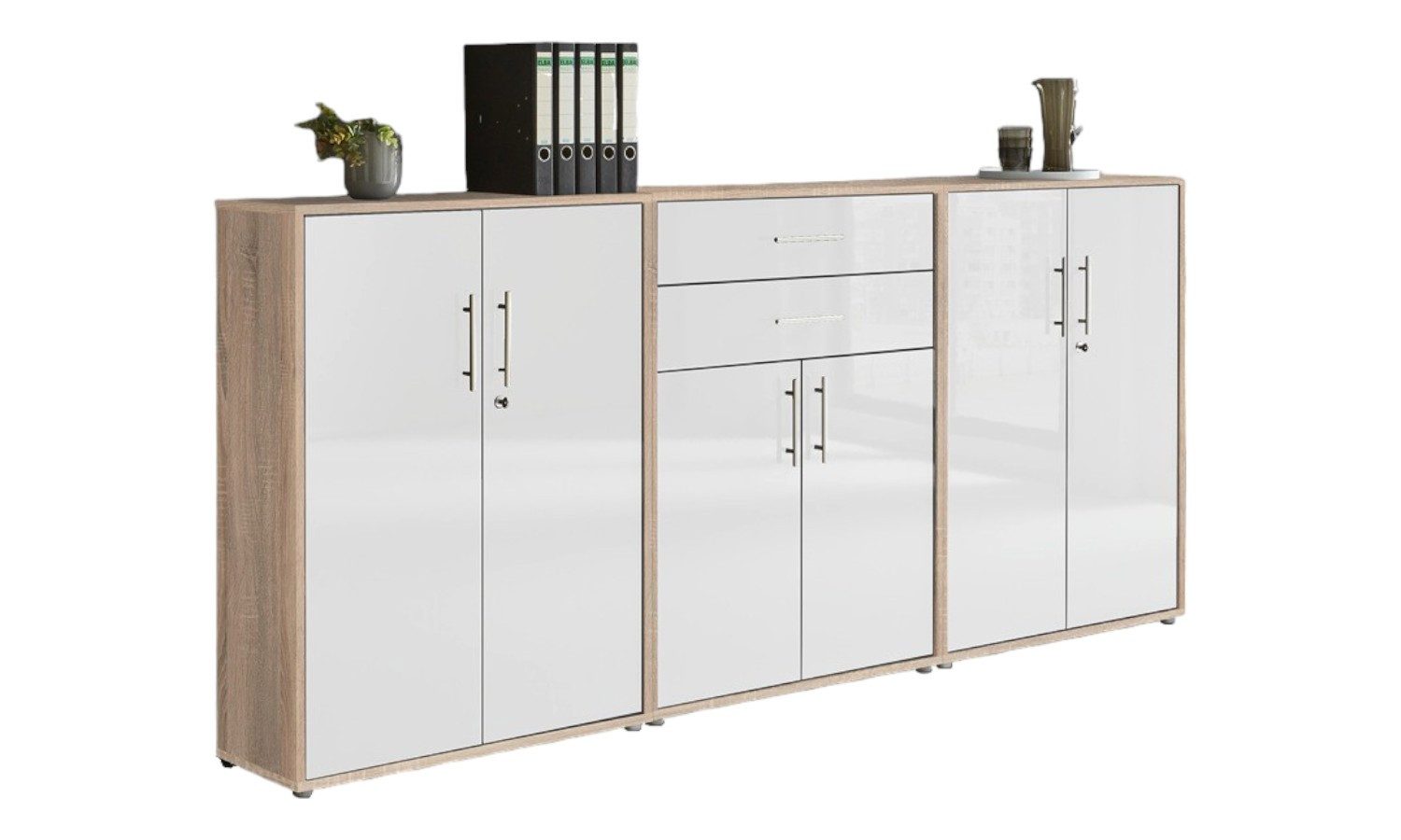 BMG Möbel Aktenschrank Office Edition (Set 15, Büroschrank abschließbar mit Metallgriffen, 2x abschließbarer Aktenschrank, 1x Schubkastenschrank) BxHxT:253,2 x 113,6 x 33 cm, Made in Germany