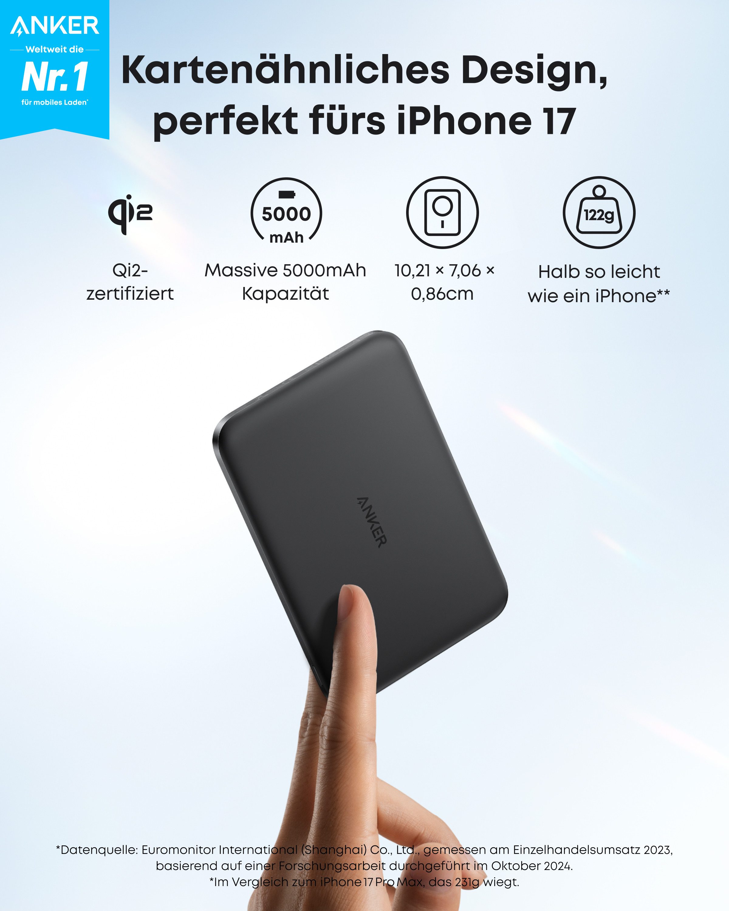 Anker Anker Nano Powerbank, Qi2-zertifiziert, 5000mAh Magnet- Powerbank 15W Max ultraschnelles Laden, MagSafe-kompatibel, tragbares Ladegerät 5000 mAh (5 V), Kabelloses Laden, für iPhone 17/16/15/14/13