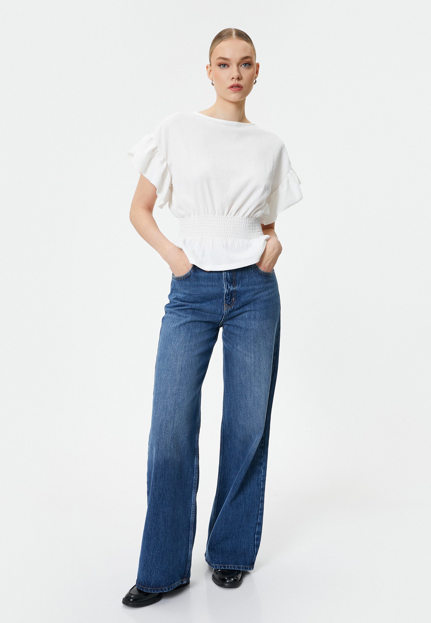 Koton Rüschenbluse Kurzärmelig Rundhalsausschnitt Rüschenbluse günstig online kaufen
