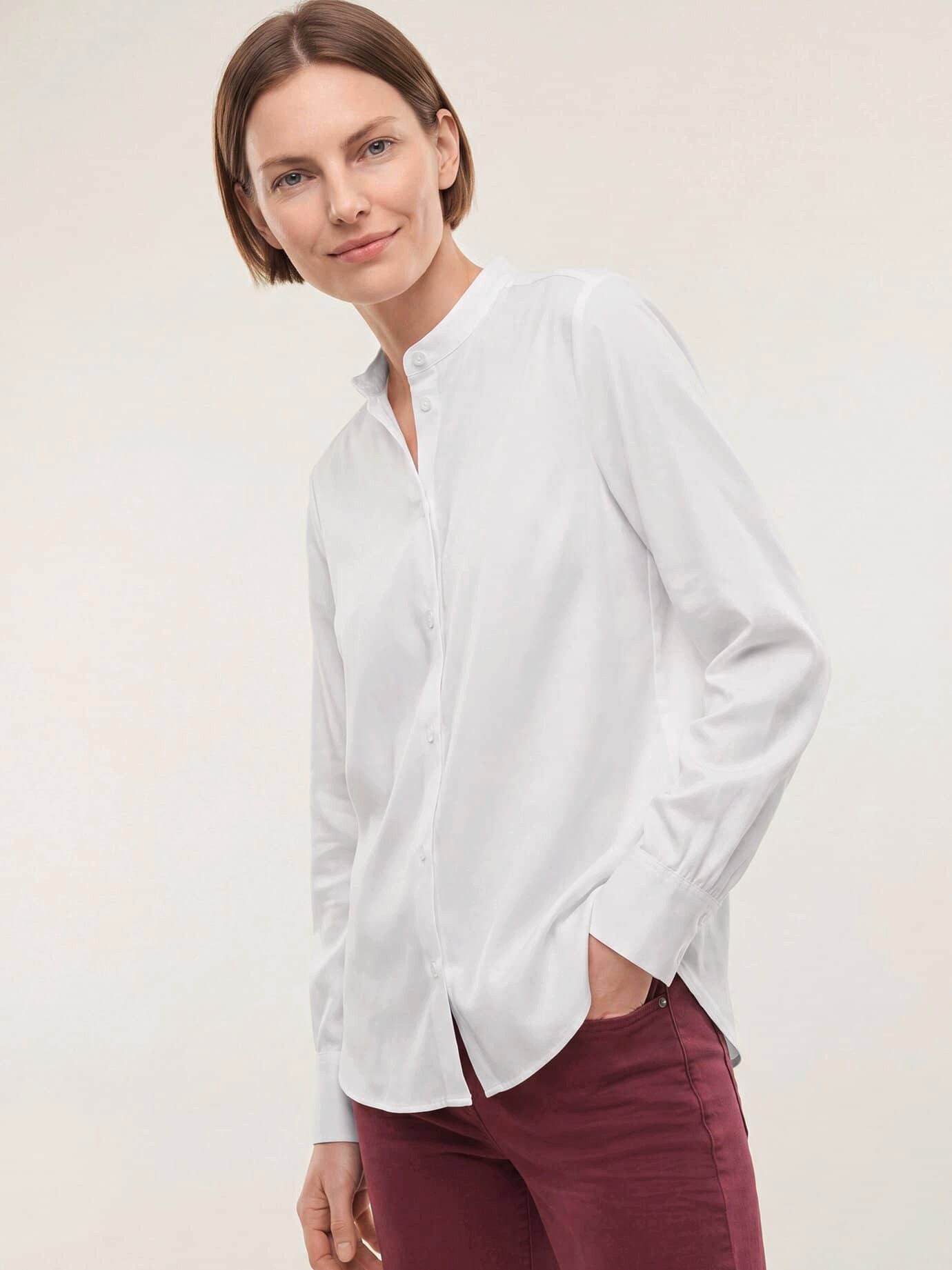 Walbusch Langarmbluse Damen Bluse mit Stehkragen Baumwollsatin Langarm, pflegeleicht, atmungsaktiv