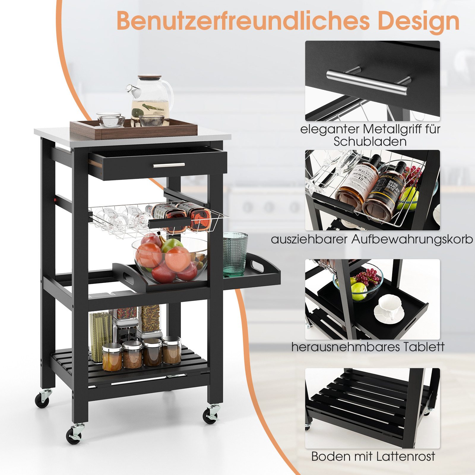 COSTWAY Servierwagen, mit Schublade, Korb & Serviertablett, auf Rollen