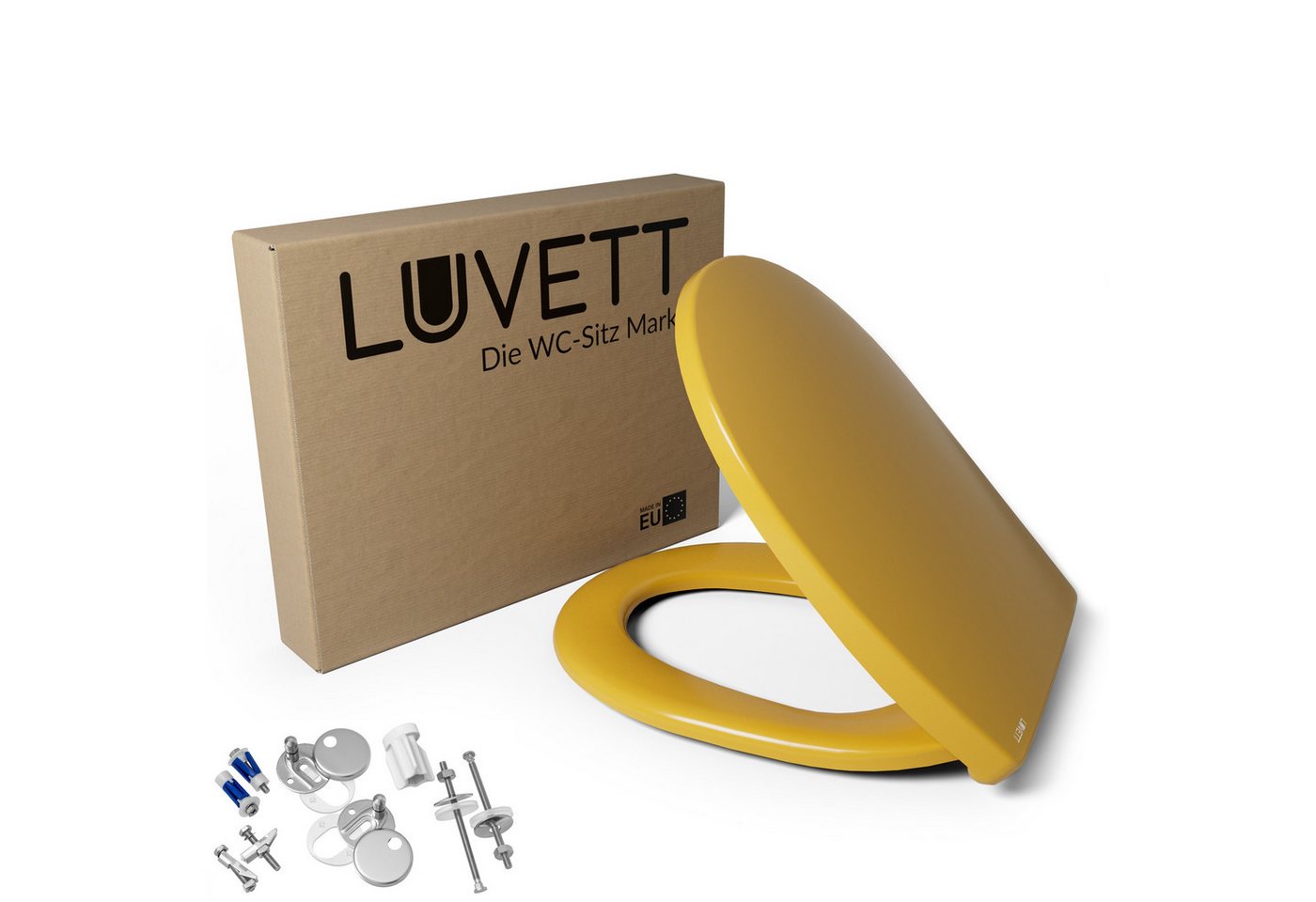LUVETT WC-Sitz C100 mit Absenkautomatik, Duroplast sanitär, Universelle O-Form (Komplett-Set, Inklusive 3 Befestigungsarten), mit Original SoftClose® Absenkautomatik, Duroplast