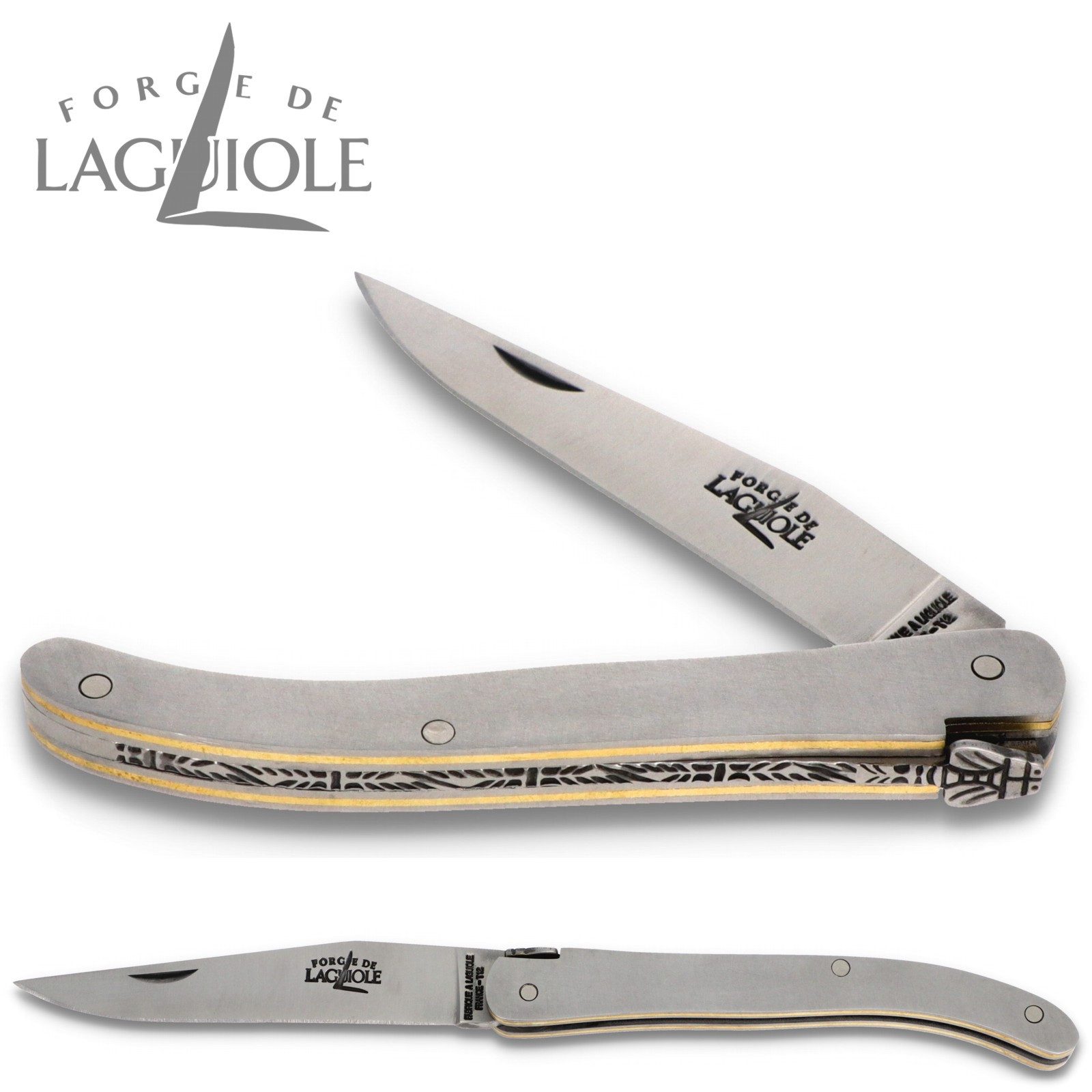 Forge de Laguiole Taschenmesser 109 SAT, "Ghion" - Griff 10cm Stahl - Verzierte Feder - Klinge Stahl satiniert