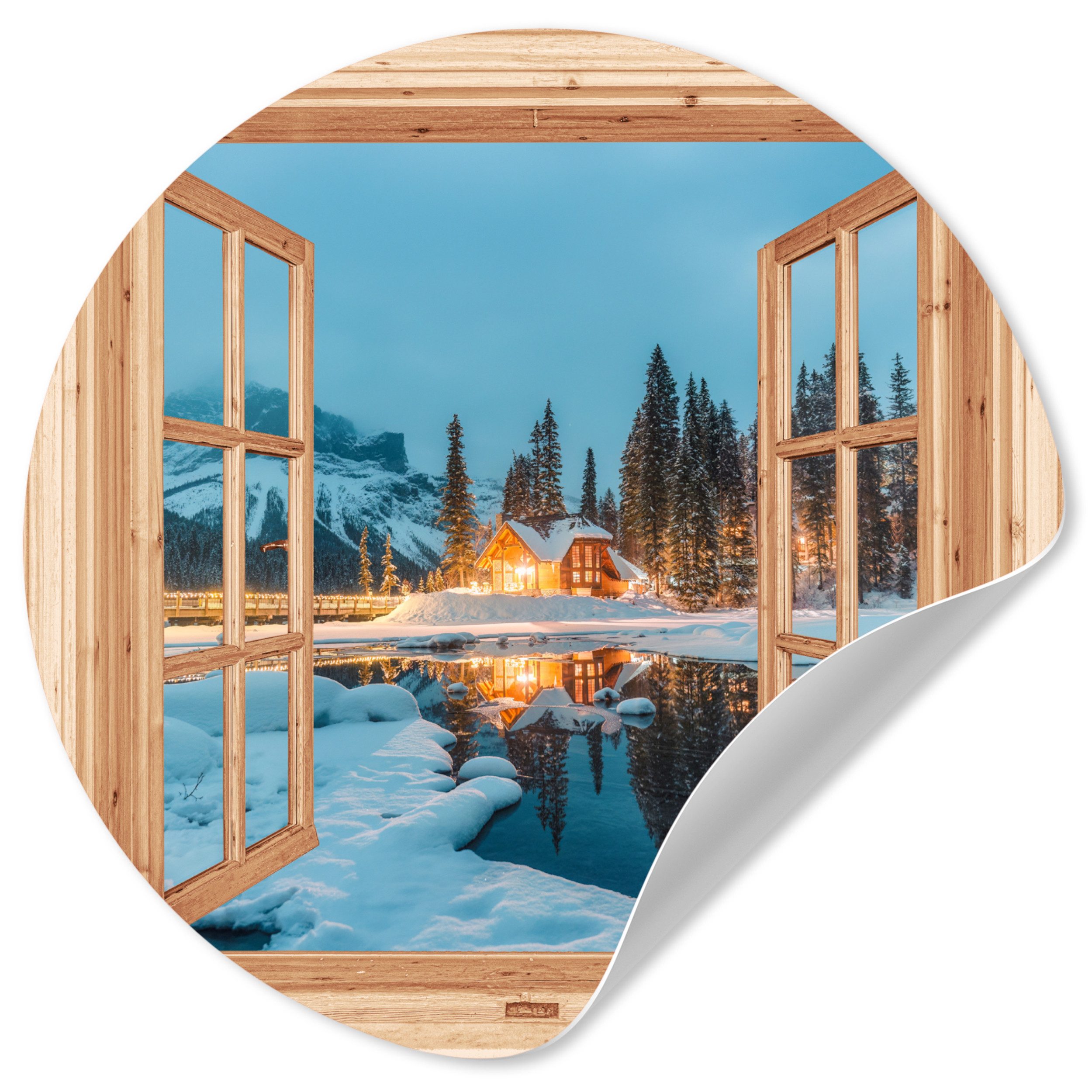 MuchoWow Wandsticker Winterlandschaft - Natur - Haus - Berge - Aussicht - Fenster (1 St), Wandtattoo Selbstklebend, Wohnzimmer Deko Aufkleber, 30x30 cm