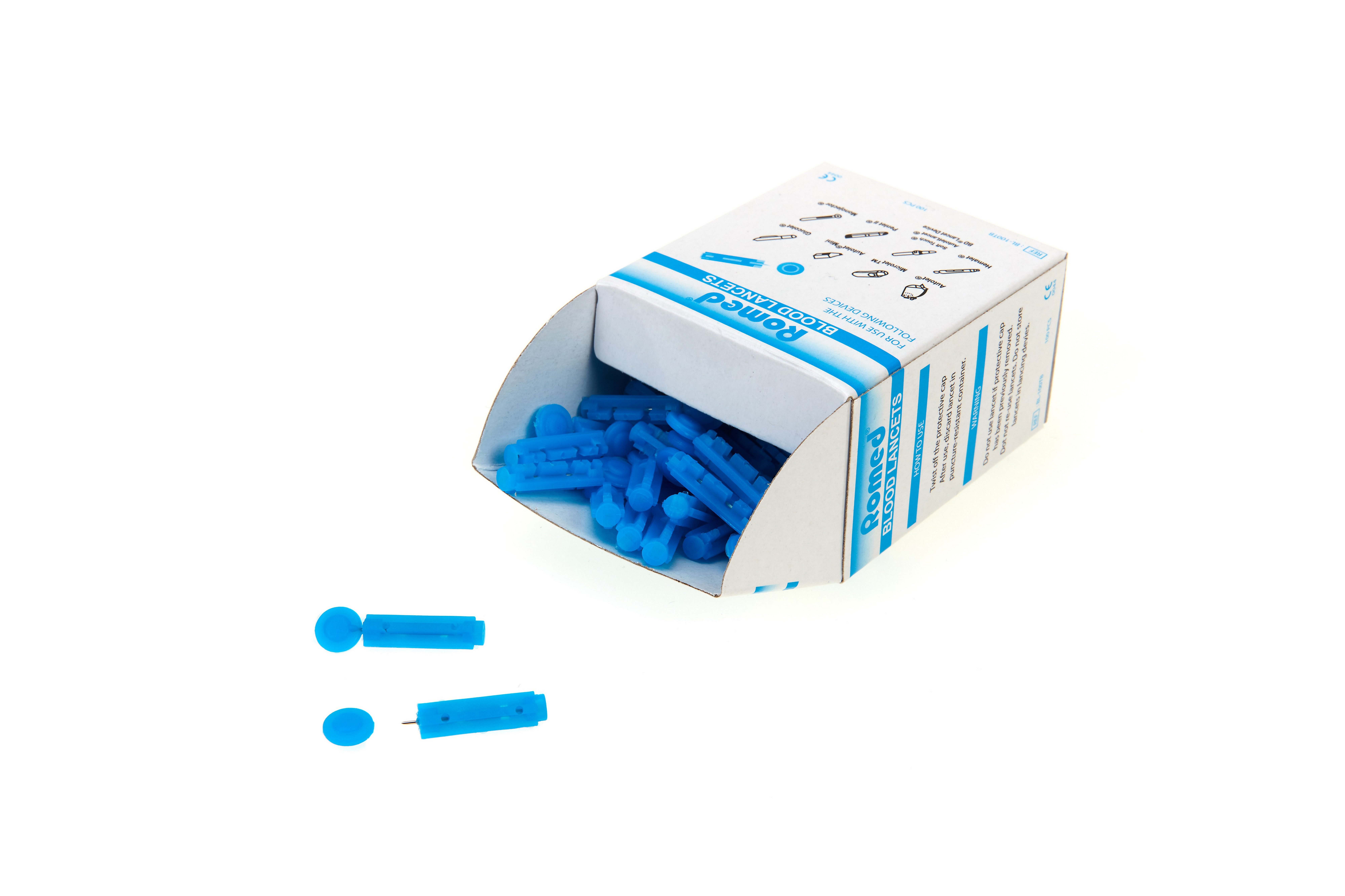 Romed Lanzetten Blutlanzetten für Stechautomat, Tri-bevel, blau, steril, 100 Stück, 100 St., 100 tlg.