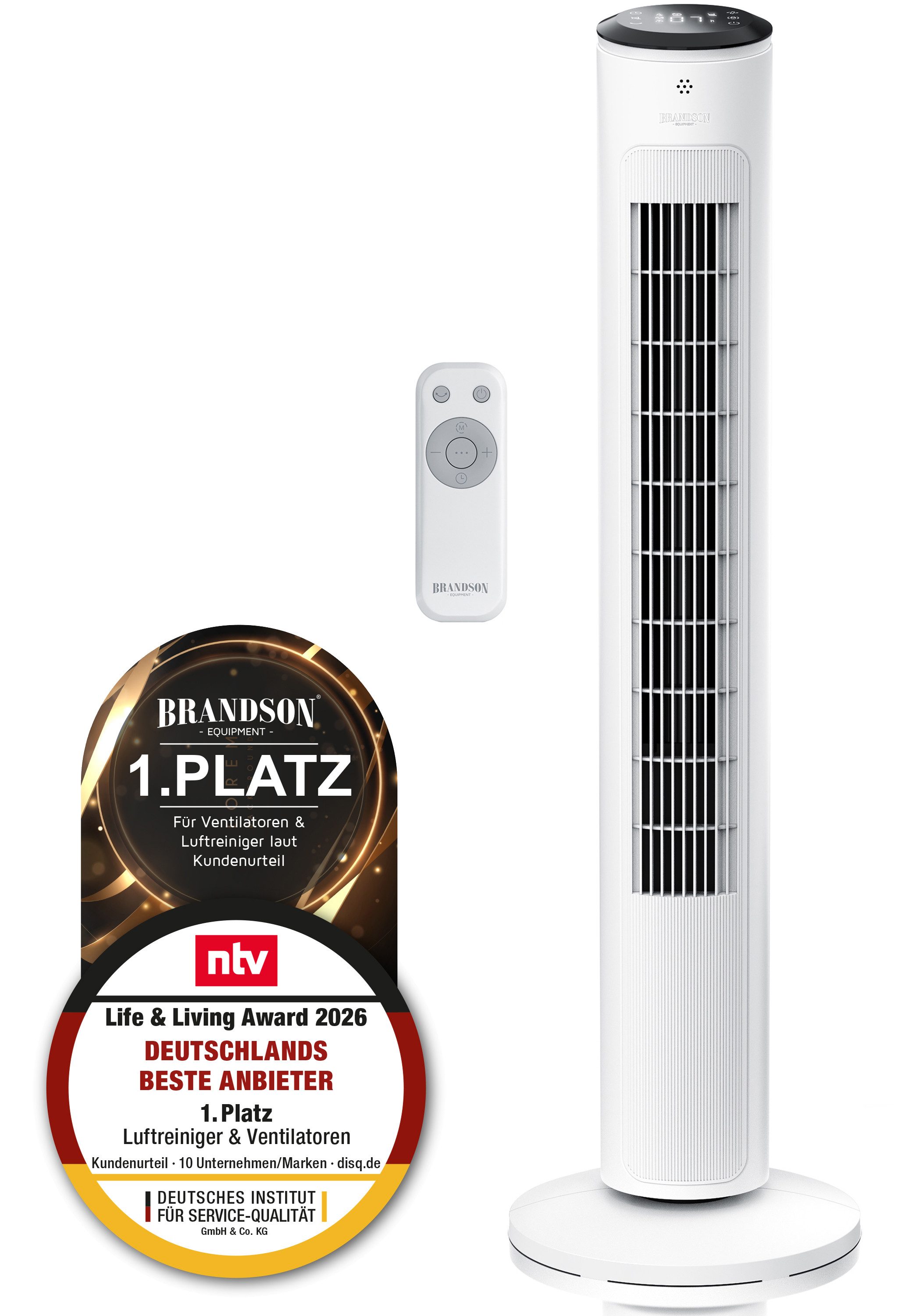 Brandson Turmventilator mit Fernbedienung, DC Motor, sehr leise, Schlaf Modus, Oszillation, Sieger Life&Living Award 2026, 12 Geschwindigkeitsstufen, Lüfter