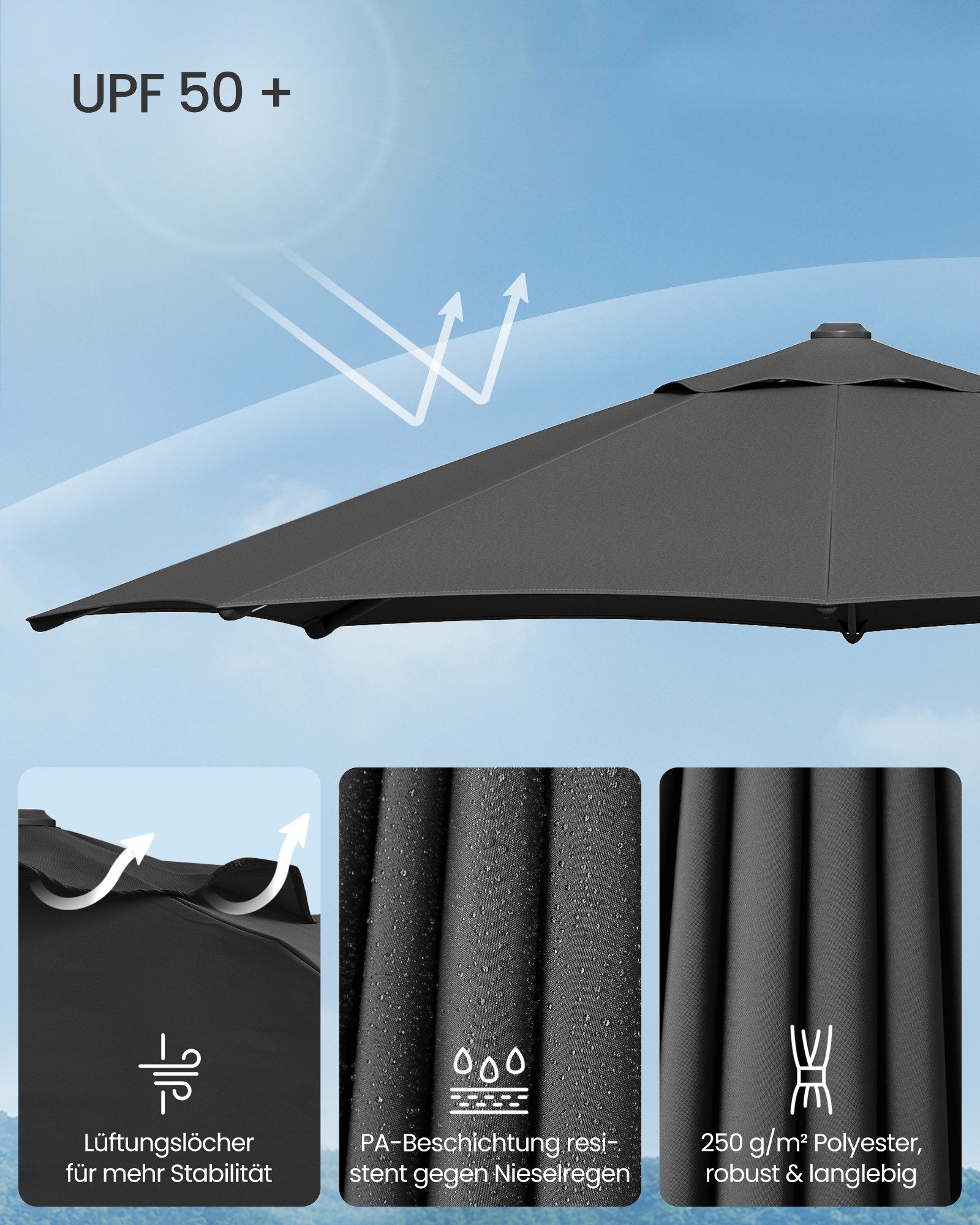 SONGMICS Sonnenschirm, Ø 300 cm, UPF 50+, 360° drehbar, mit Ständer