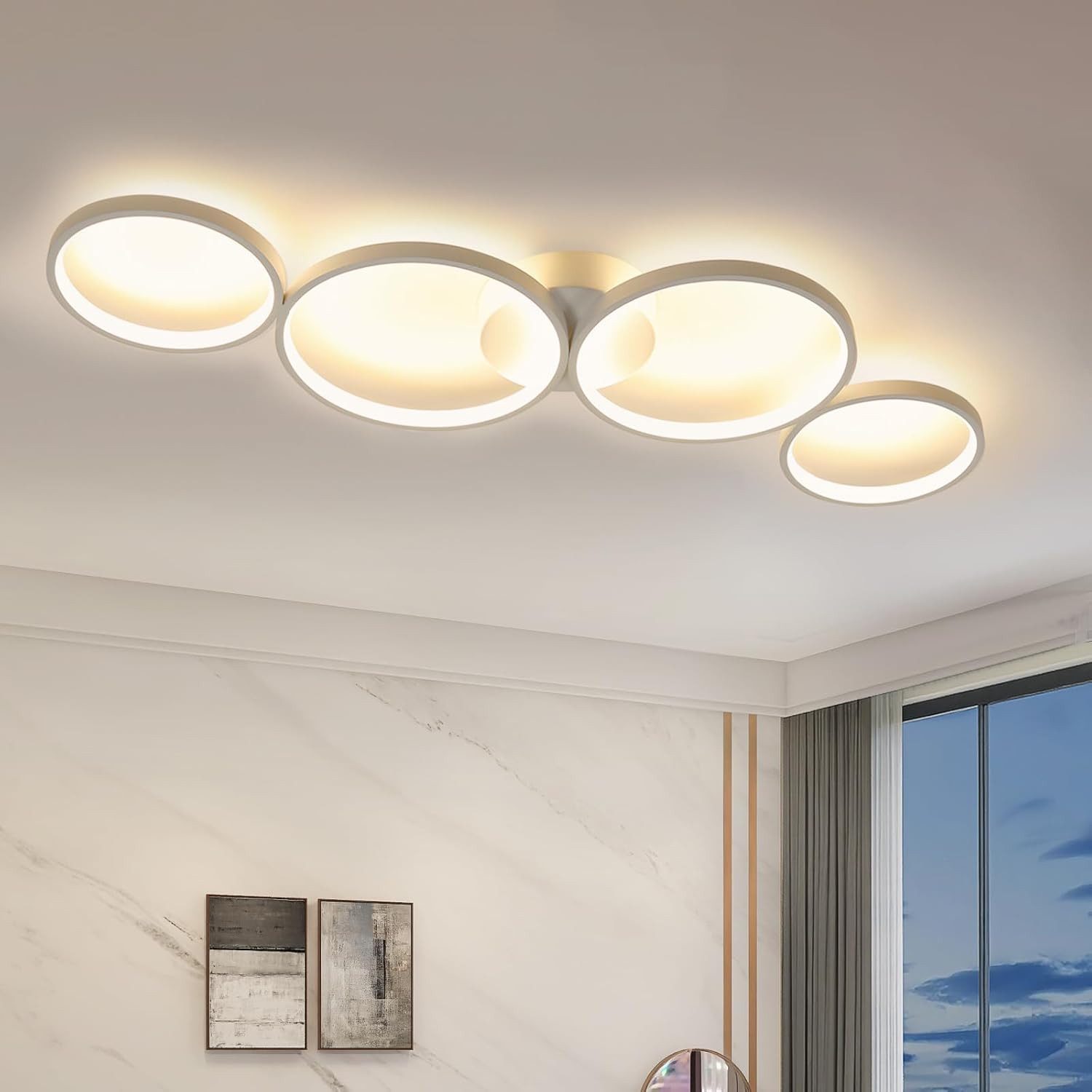 ZMH Deckenleuchte Wohnzimmer Modern 4/5 Flammig Ringoptik Design 37/70W Schlafzimmer, Augenschutz, Einfache Installtion, LED fest integriert, Warmweiß, 89cm Design Bürolampe für Flur Hotel