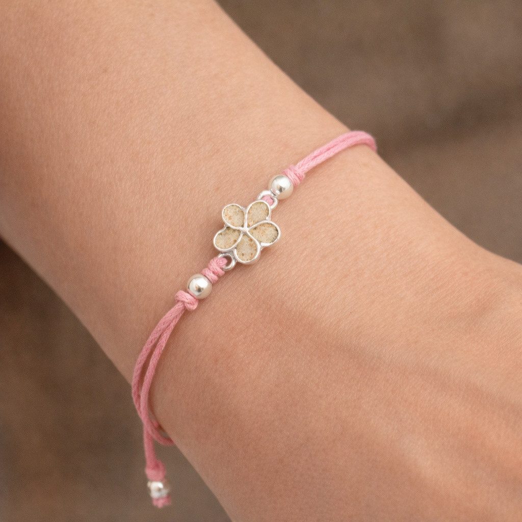 DUR Armband A1988 Plumeria Blüte 925 Silber Strandsand Baumwollband rosa