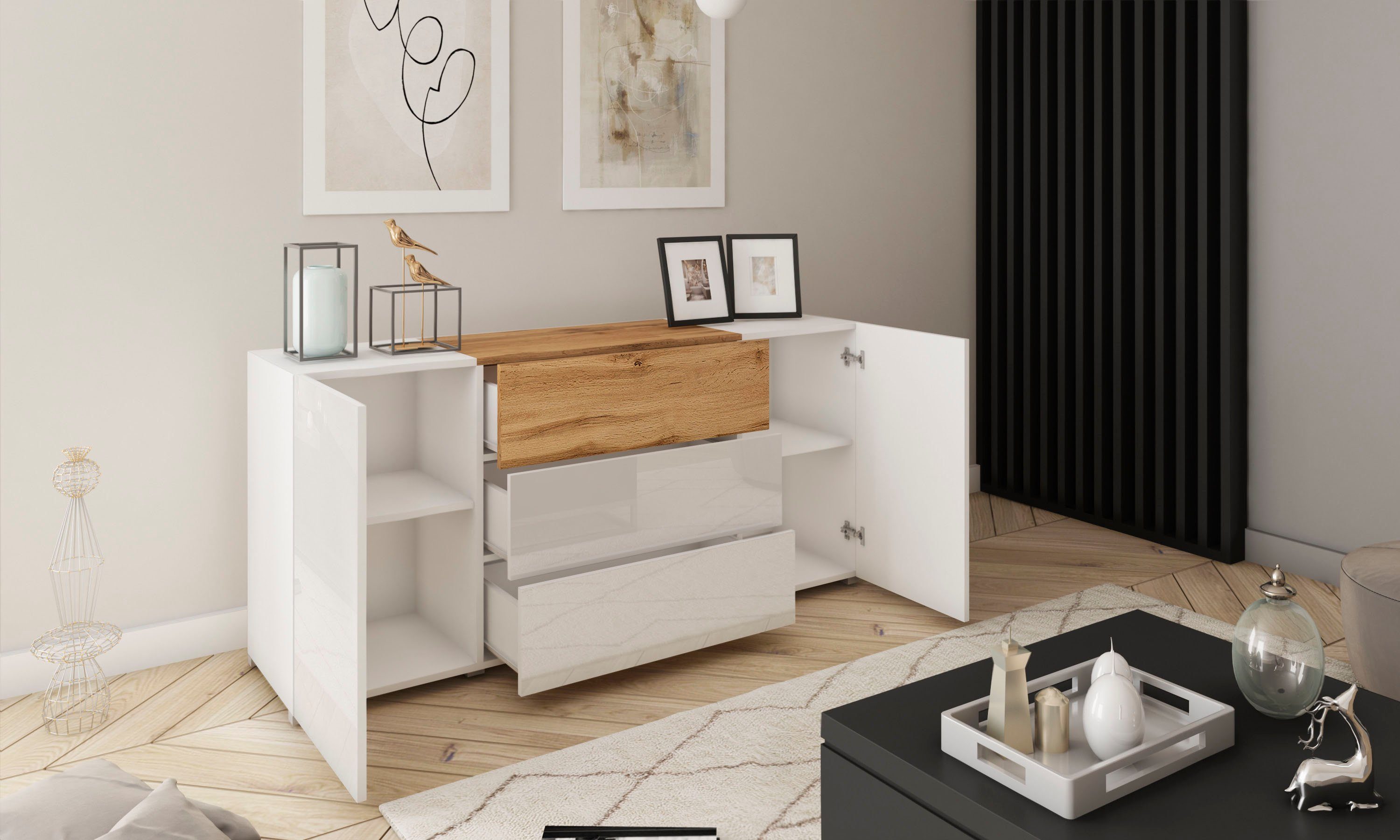 Home affaire Sideboard BERLIN, Moderne grifflose Kommode Breite 150 cm, 4 Schubkästen/ 2 Türen