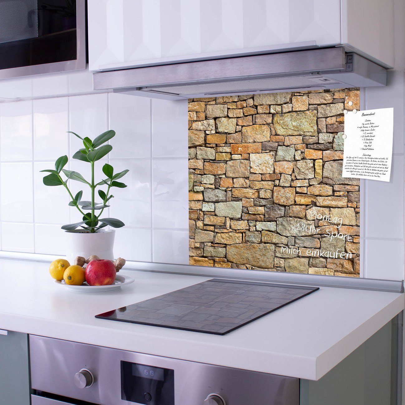 banjado Küchenrückwand Küchenrückwand Bruchsteinmauer, (gehärtetes Glas, inklusive 4 Magnete & 1 Kreidestift)