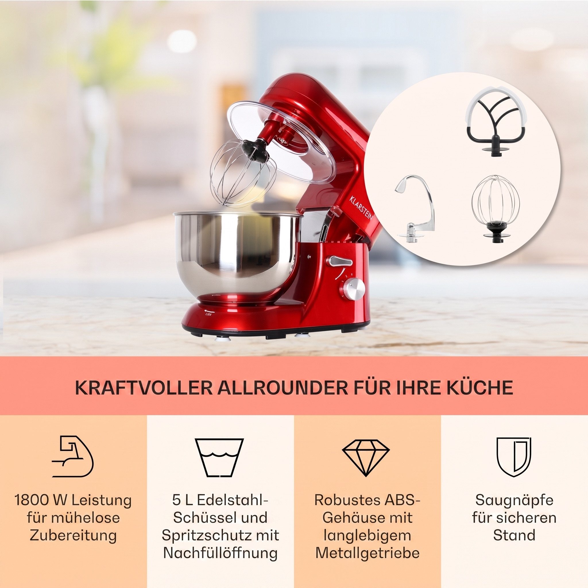 Klarstein Küchenmaschine Bella Küchenmaschine 1800W 2,7 PS 5L Edelstahl 6 Stufen Planeten, 1800 W, 5.2 l Schüssel, Knetmaschine Teigmaschine Teigknetmaschine Rü – Bild 4 von 5