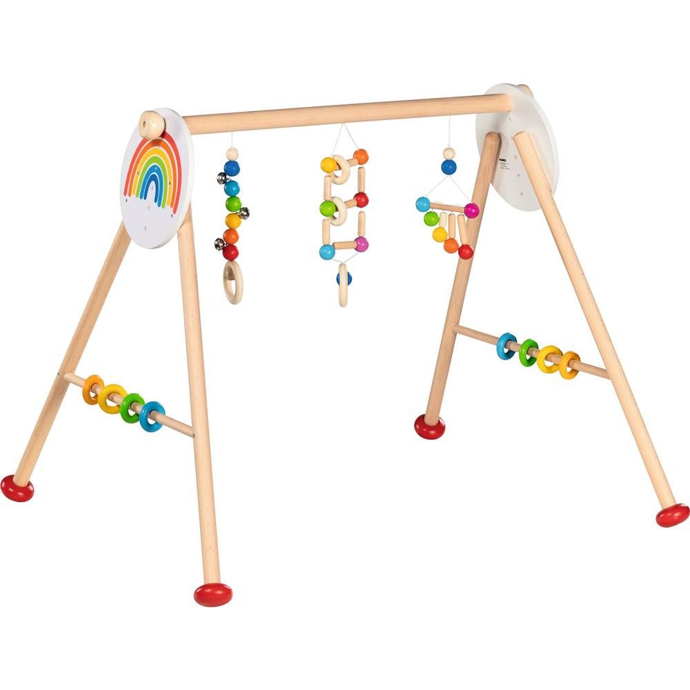 goki Greifling Baby-Fit Regenbogen Spieltrainer aus Holz, 6-fach verstellbar (Greif- und Spieltrainer, 1 unmontierter Baby-Spieltrainer aus Holz im Regenbogen-Design), 6-fach höhenverstellbar, Greiftraining, Motorik, Koordination