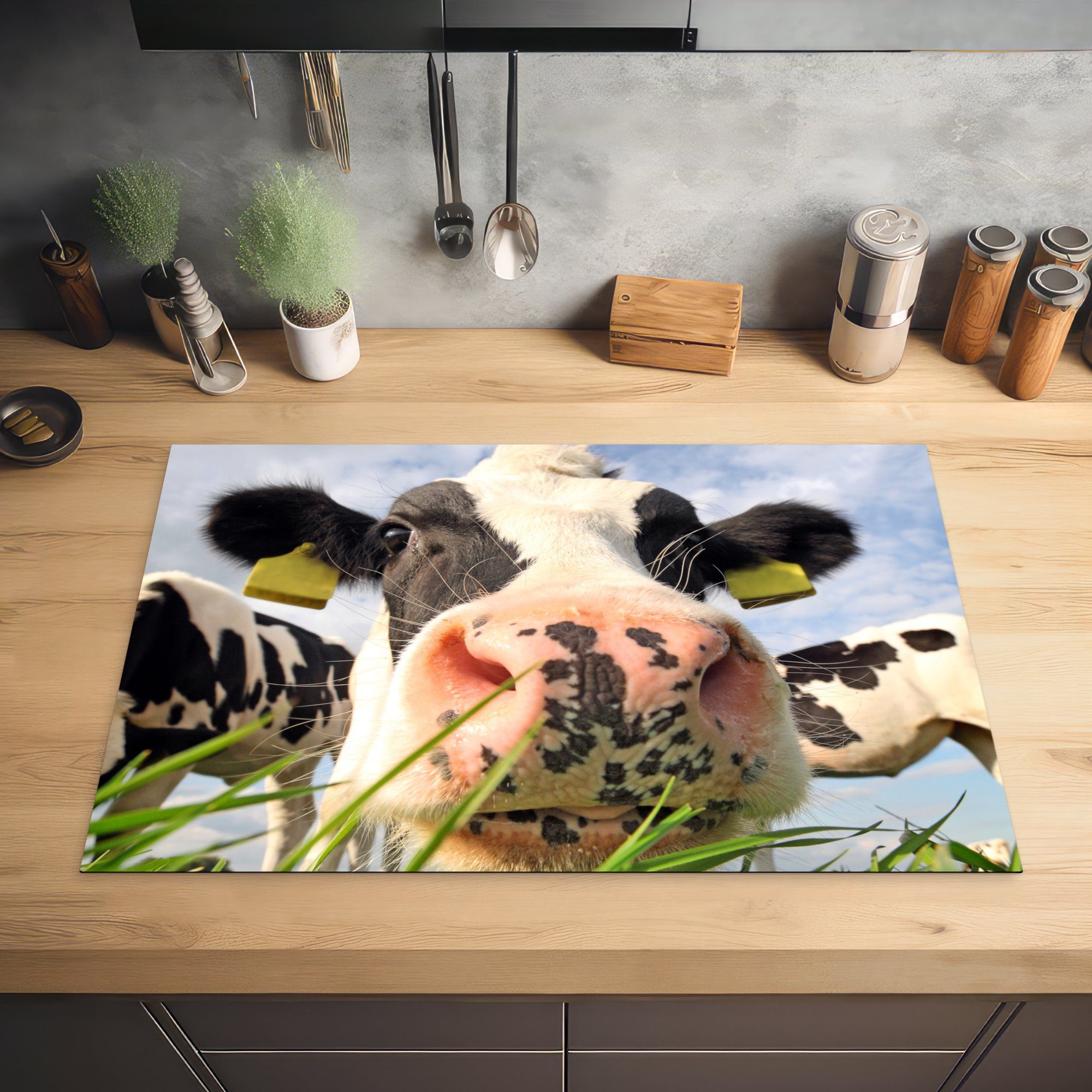 Ceranfeldabdeckung, Arbeitsplatte - (1 Gras tlg), Tiere, Bauernhof - Kuh Herdblende-/Abdeckplatte küche 81x52 - cm, Vinyl, für MuchoWow