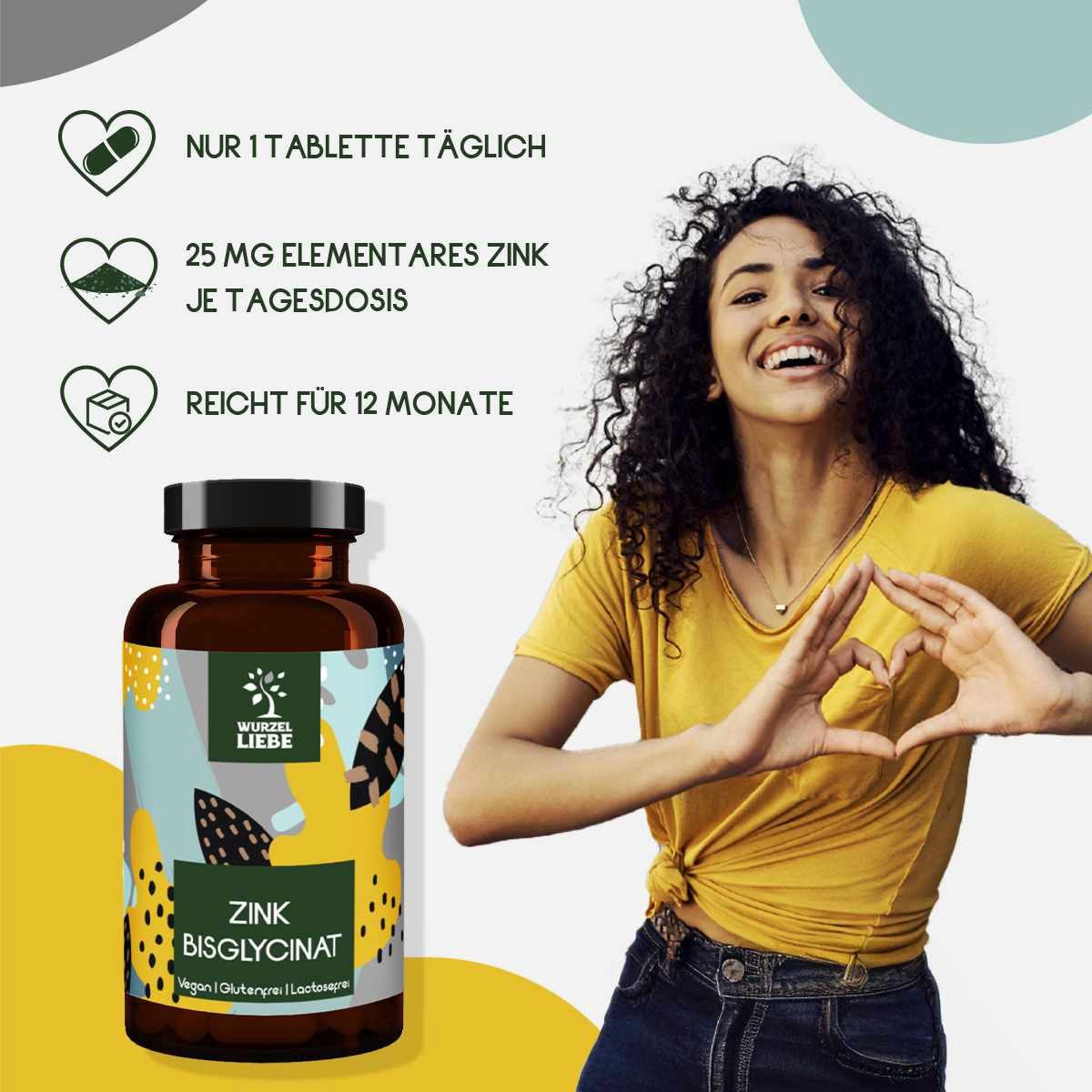 WURZELLIEBE Hochdosiert 25mg Zink-Bisglycinat - bioverfügbares Zinc Tabletten, 365 St., 91 g