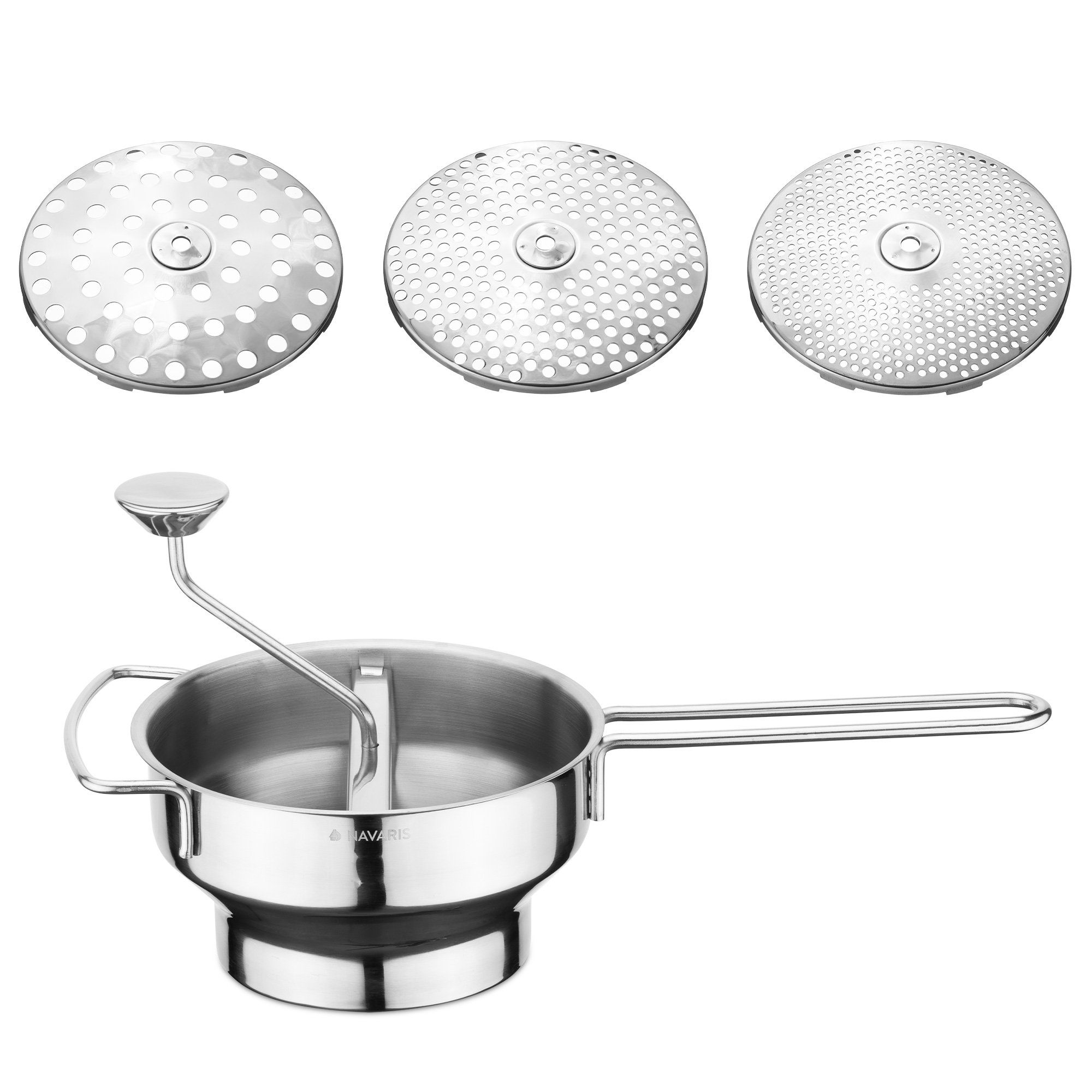 Navaris Standmixer Passiergerät aus Edelstahl mit 3 Siebeinsätzen - Passiermühle