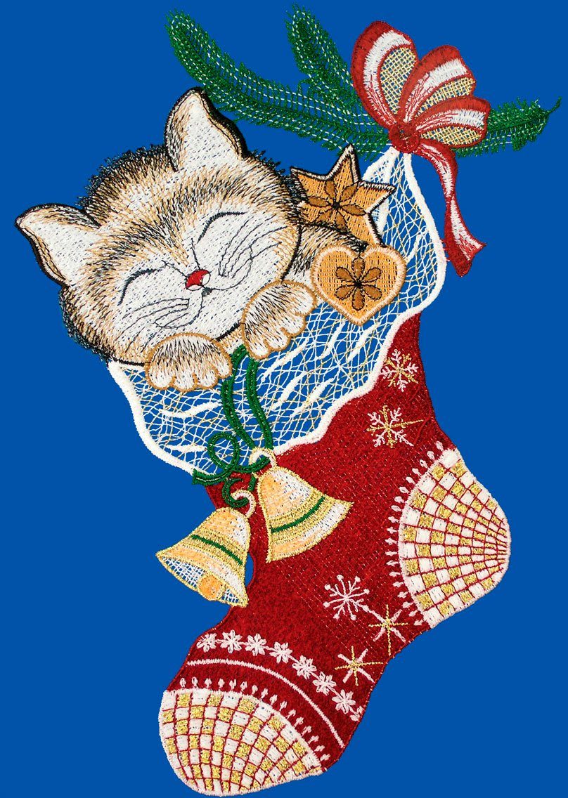 W. Reuter & Sohn - Plauener Spitze® Fensterbild Katze im Strumpf, Made in Germany