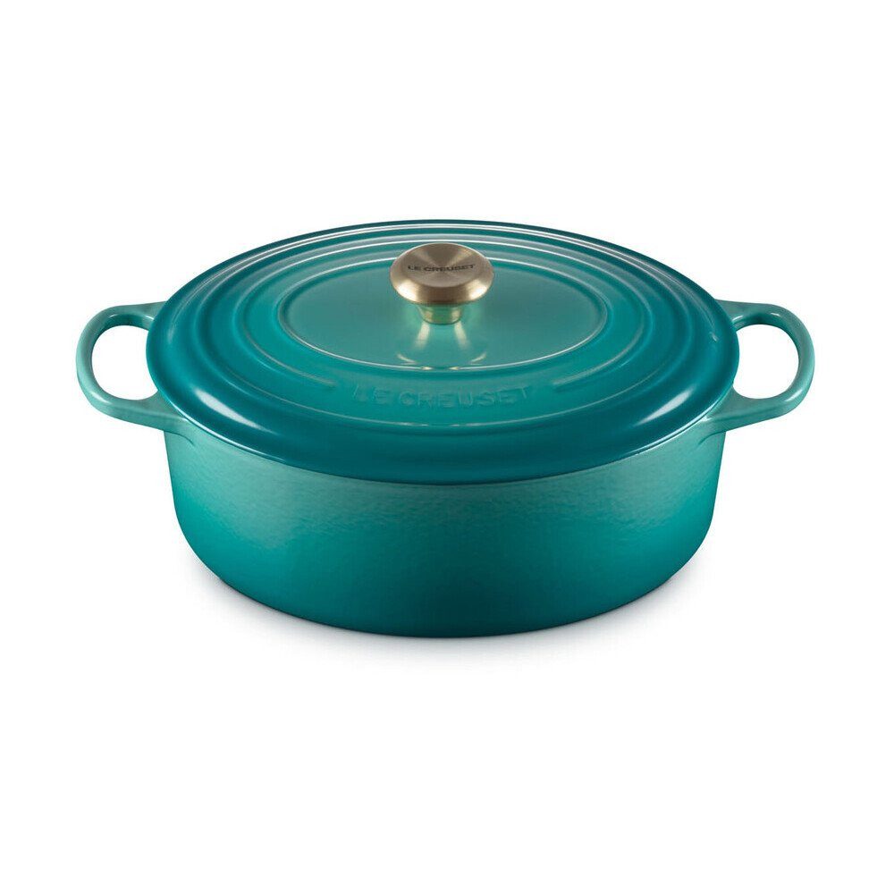 LE CREUSET Bräter Bräter mit Deckel 31 cm Signature Bleu Riviera, Emailliertes Gusseisen