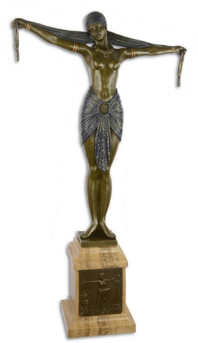 Casa Padrino Dekofigur Luxus Bronze Skulptur Tänzerin mit Schal Bronze / Blau / Beige 46,2 x 18,8 x H. 82,1 cm - Bronzefigur mit Marmorsockel - Dekofigur