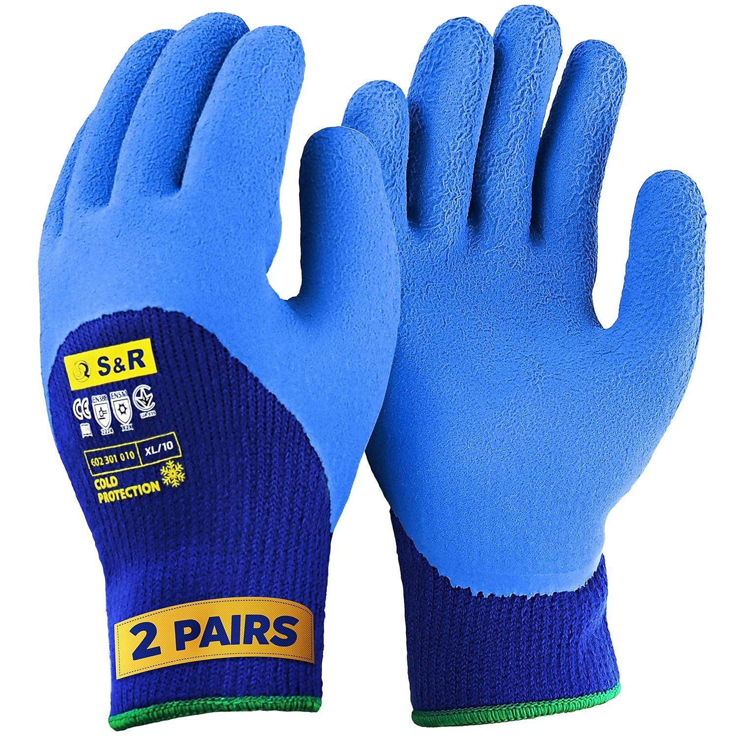 S&R Arbeitshandschuhe PROFI Wärme-Arbeitshandschuhe, 3/4 Anti-Rutsch Latexbeschichtung (Set, 4-St., 2 Paar XL / 10) gefütterte Thermo-Schutzhandschuhe für Industrie, Lagerwesen, KFZ
