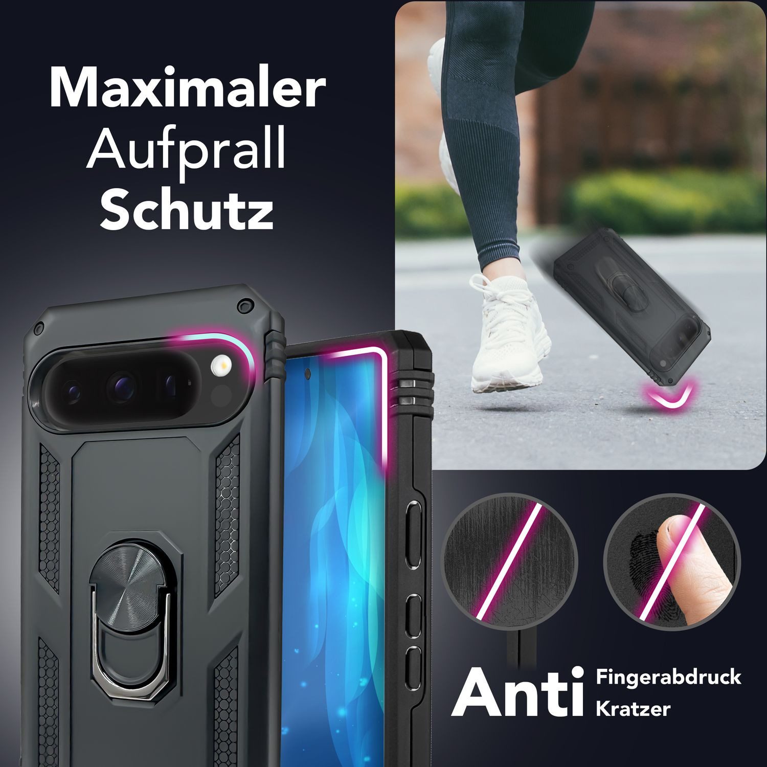 Nalia Smartphone-Hülle Google Pixel 9 Pro XL, Military Panzerhülle / Stoßabsorbierend / 360° Ring / Standfunktion