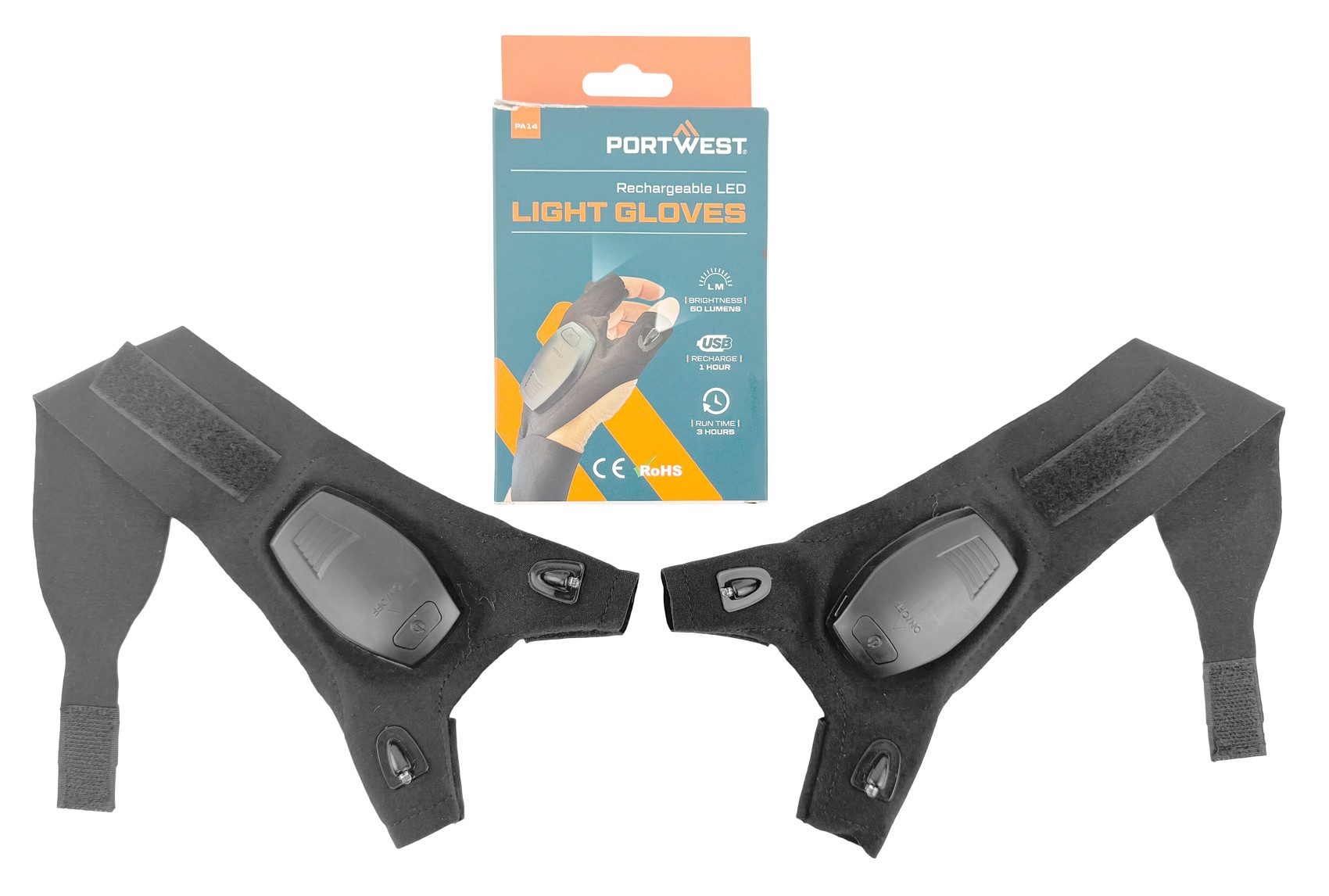 Portwest Arbeitshandschuhe LED-Licht-Handschuhe wiederaufladbar (1 Paar) schwarz Einheitsgröße