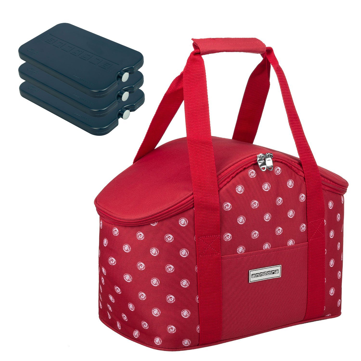 anndora Picknickkorb Kühltasche mit Tragegriff - Farbwahl + 3 Kühlakkus Rot/Weiß gepunktet