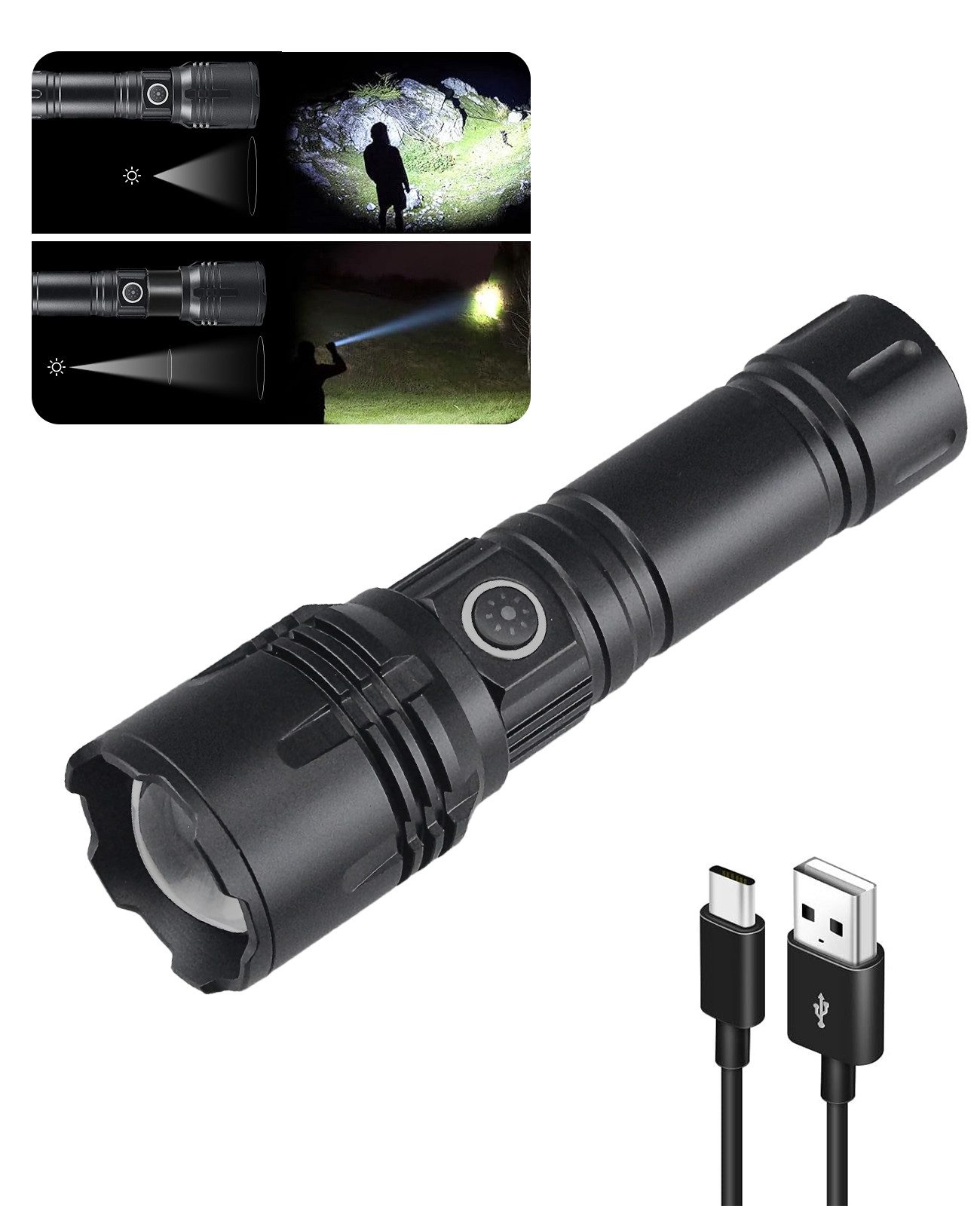 LED Taschenlampe Aufladbar, Extrem Helle Zoombares Taschenlampen mit 5 Lichtmodi