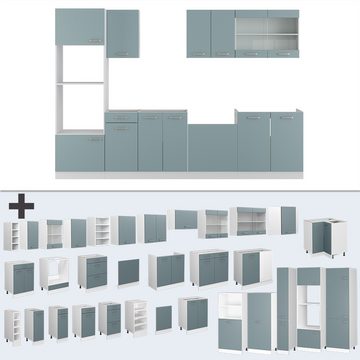 Livinity® Küchenzeile R-Line, Blau-Grau/Weiß, 300 cm mit Hochschrank, AP Eiche
