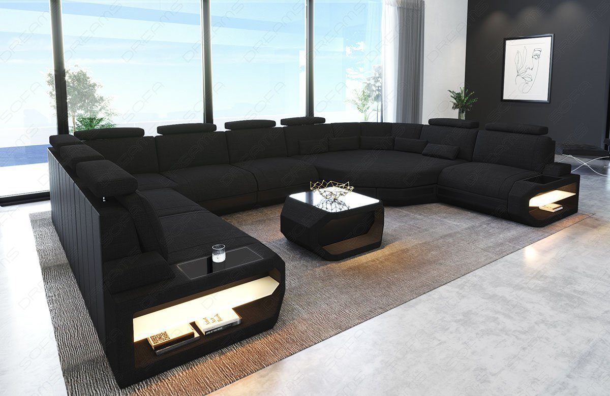 Sofa Dreams Wohnlandschaft Stoff Sofa Polster Couch Asti, Webstoff Strukturstoff, U Form Stoffsofa mit LED, USB-Anschluss, große Ecke, Designersofa, Sofa U-form
