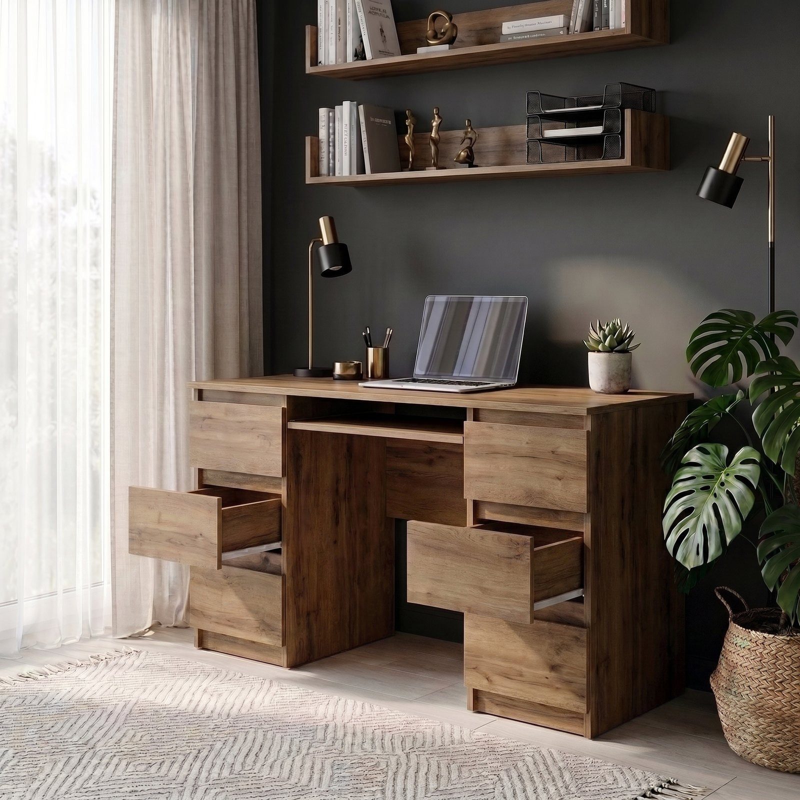 Furnica Schreibtisch CUBA – 130cm Schreibtisch mit 6 Schubladen - Wotan Eiche – Bild 5 von 5