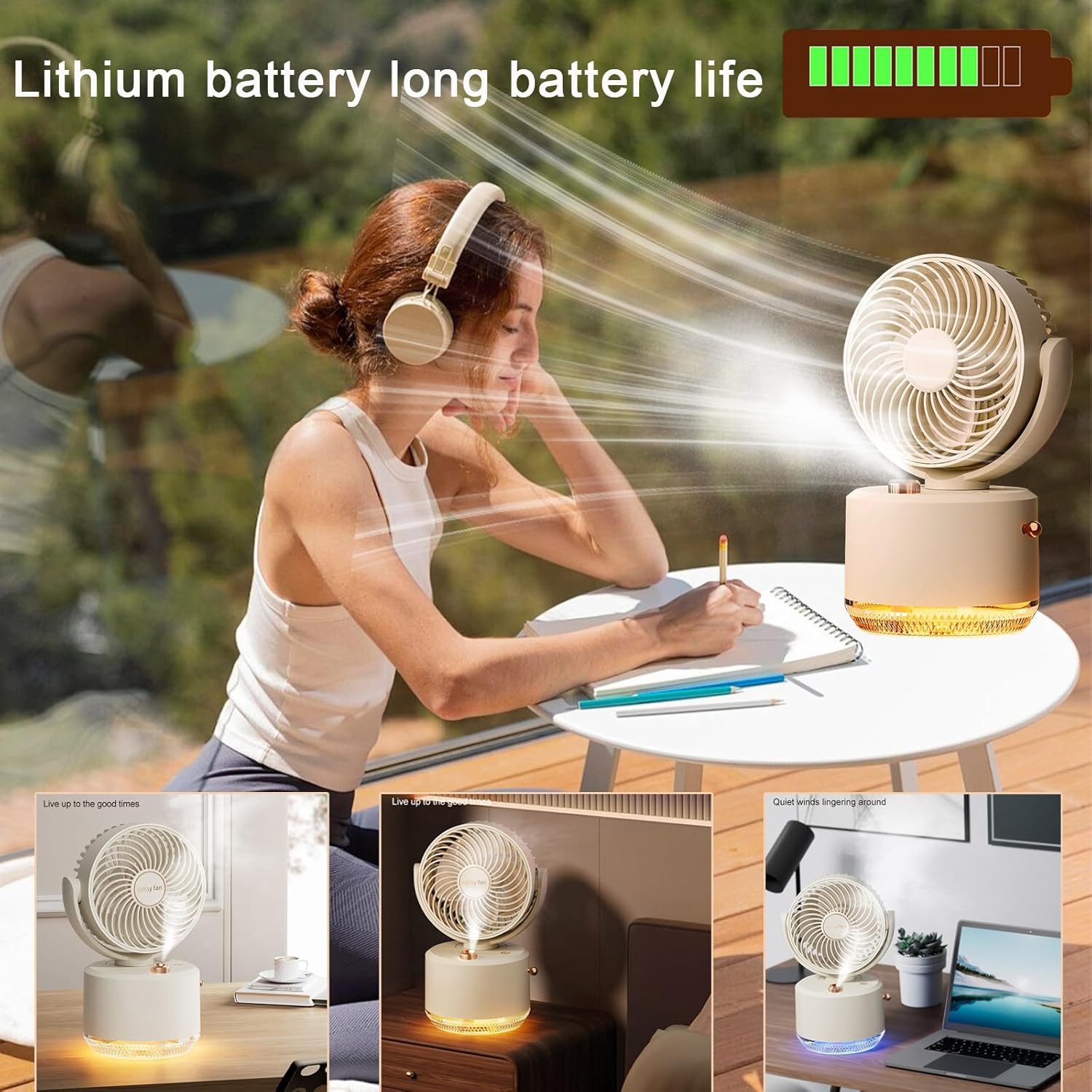 MOPUEA Tischventilator Tischventilator mit Luftbefeuchter USB, 3 Geschwindigkeiten 7-Farb-LED, Leiser 2-in-1 Luftkühler & LED-Licht, 90°+140° schwenkbar