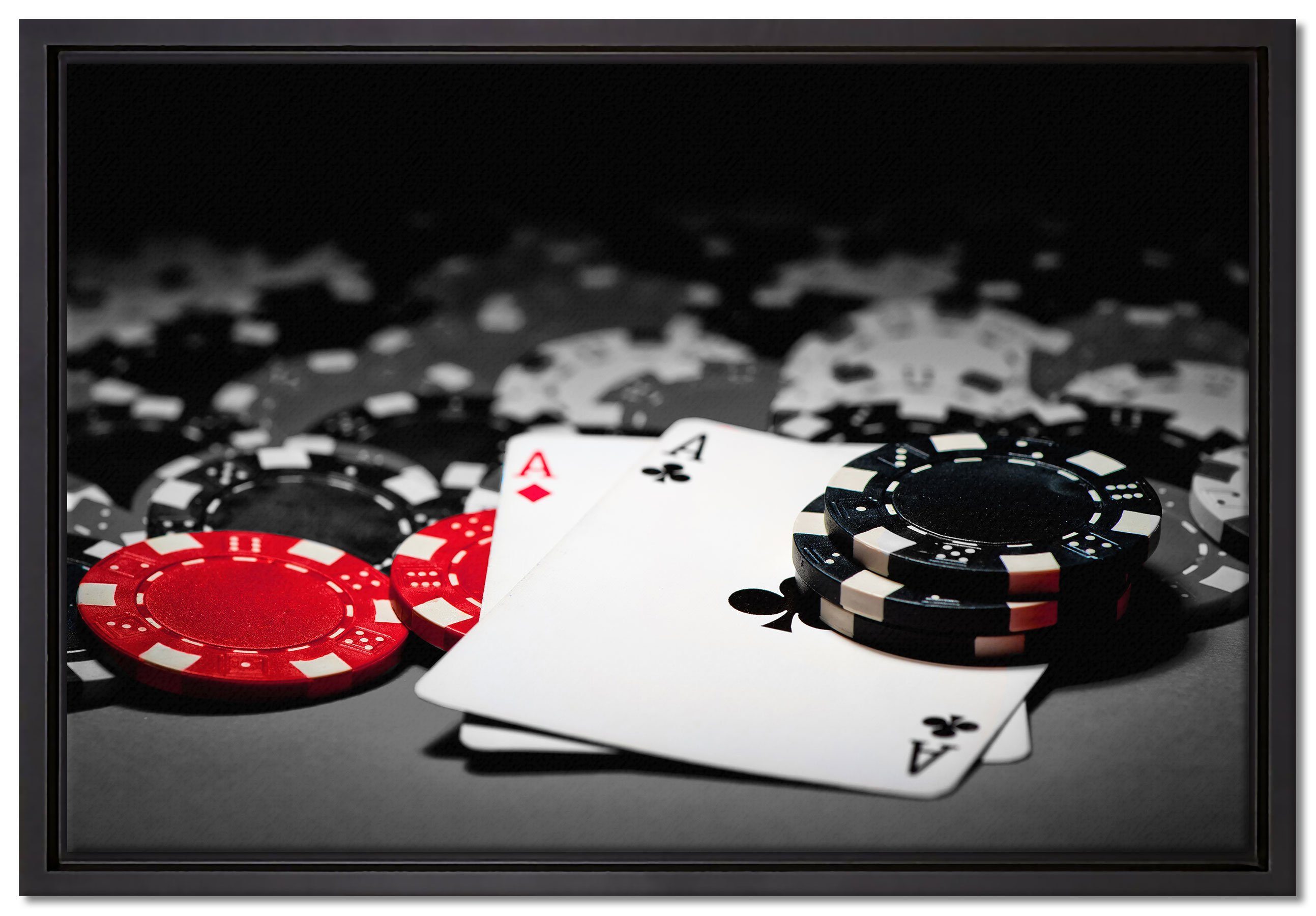 Echte Qualität Pixxprint Leinwandbild Spielkarten auf Schattenfugen-Bilderrahmen Pokertisch, fertig Leinwandbild St), (1 einem bespannt, Wanddekoration inkl. in Zackenaufhänger gefasst