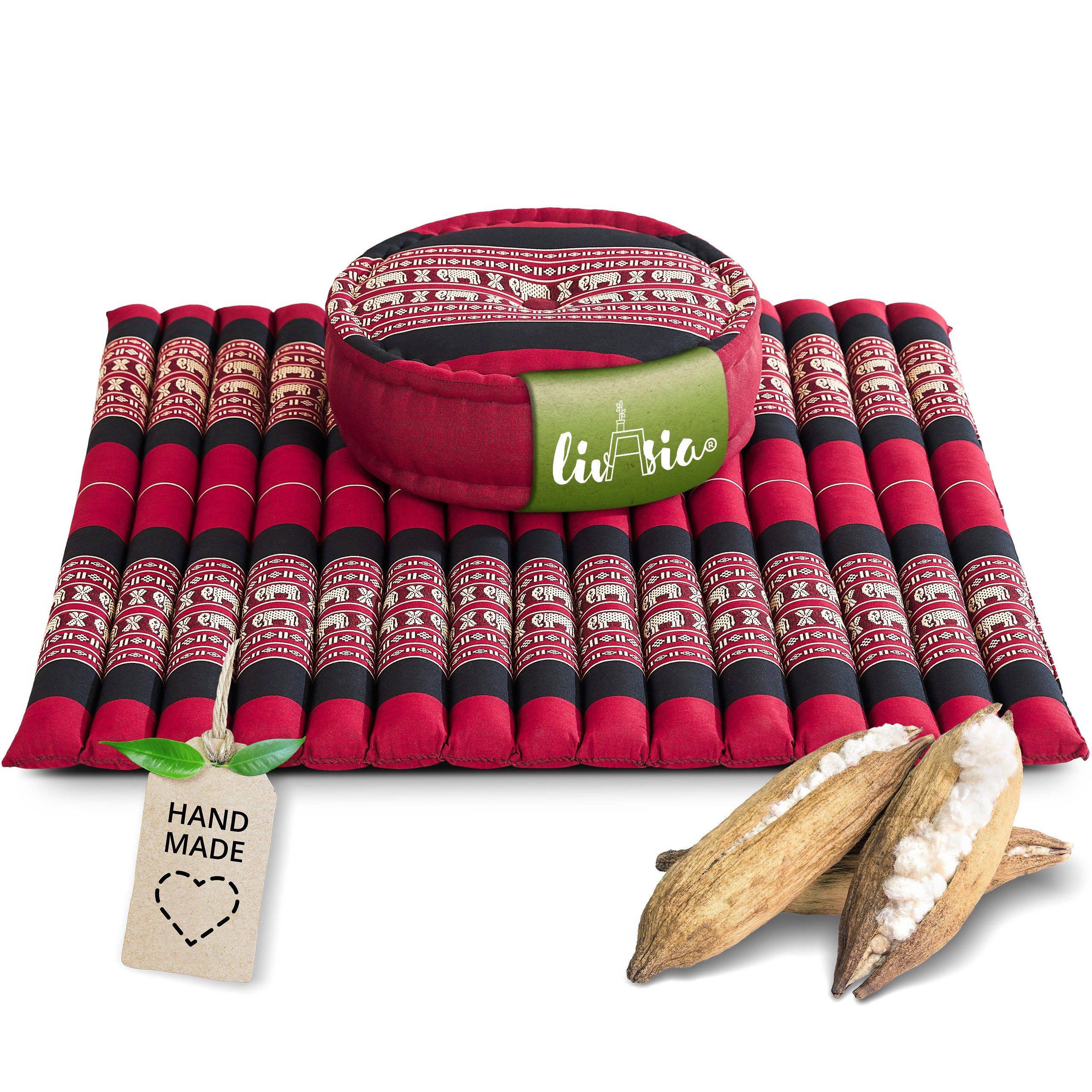 livasia Meditationskissen Yogakissen Set XL - Zafu Ø 38x15cm / Matte 75x75x4,5cm, Kapok, vegan, handgefertigt