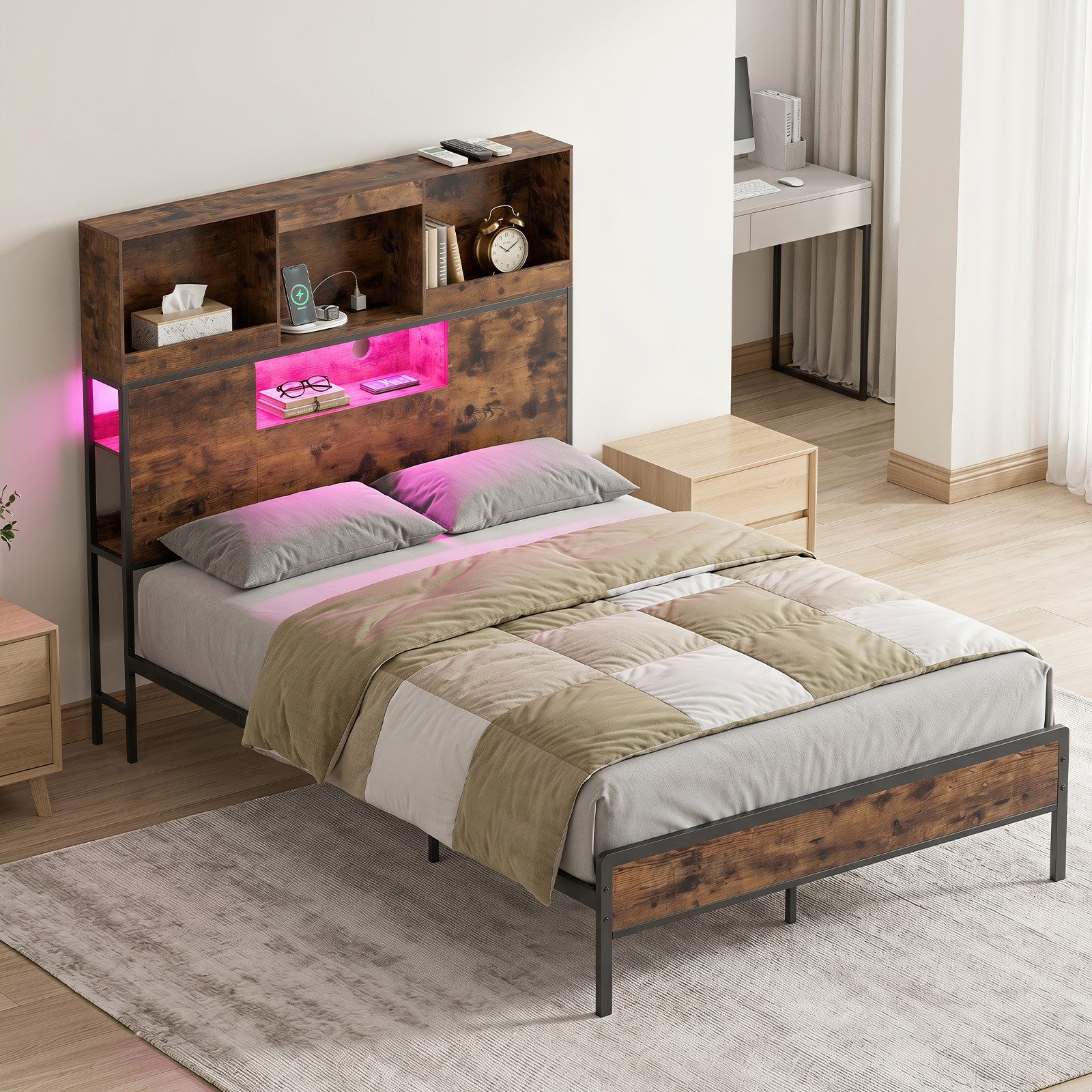 COSTWAY Bettgestell Metallbett 140 x 220 cm (1-tlg), mit Ladestation, LED, Lattenrost