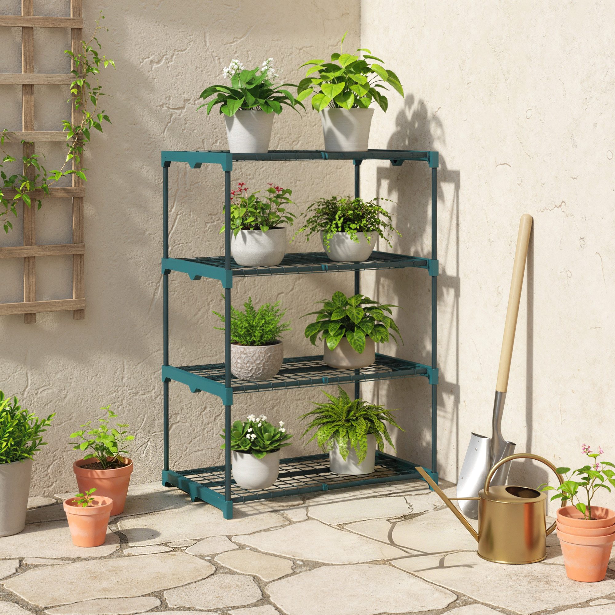 REDOM Blumenständer Pflanzenständer 4 Etagen Metall Blumenregal 67 x 49 x 105 cm (1 St., Dekorativer Pflanzenhalter aus Stahl in Dunkelgrün für Wohnräume), Blumenständer für Innenbereich und Außenbereich Balkon Terrasse