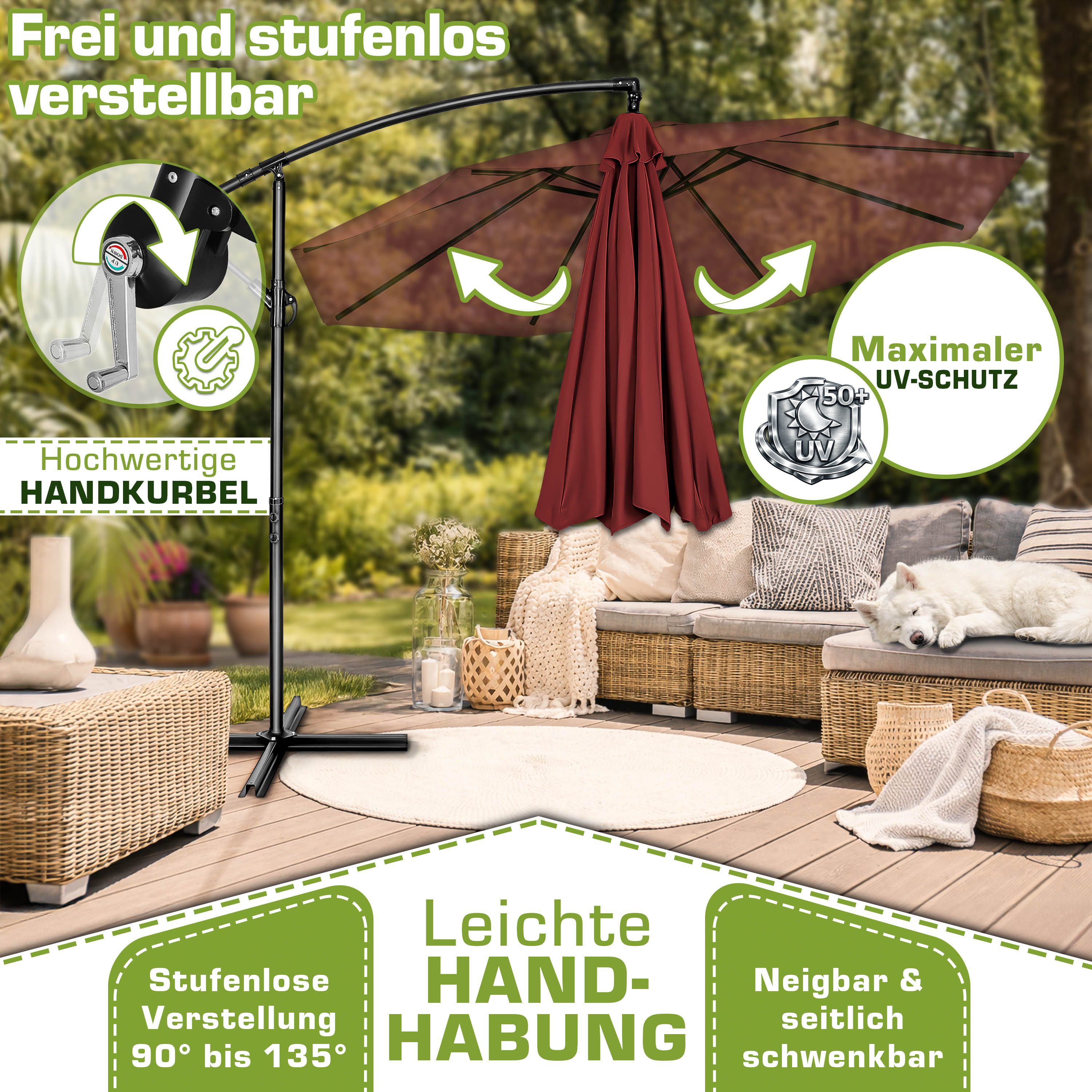 tillvex Sonnenschirm 300-350 cm Kurbel Ampelschirm mit Ständer, Abdeckung & Windsicherung, Gartenschirm UV-Schutz Aluminium – Bild 3 von 5