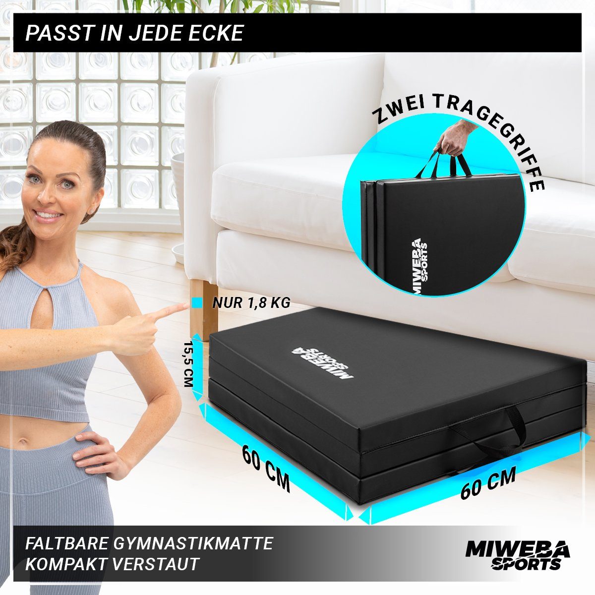 Miweba Sports Gymnastikmatte Fitnessmatte GM100 mit Tragegriffe - faltbar (wasser- und schweißabweisend, Turnmatte für zuhause, Spielmatte für Kinder, Pilates Matte, Workout, 1-St., 180x60x5cm, Kunstleder-PVC, schwarz / grau, rutschfest), Sport Training Weichbodenmatte Yogamatte - 2 Farben - quadratisch