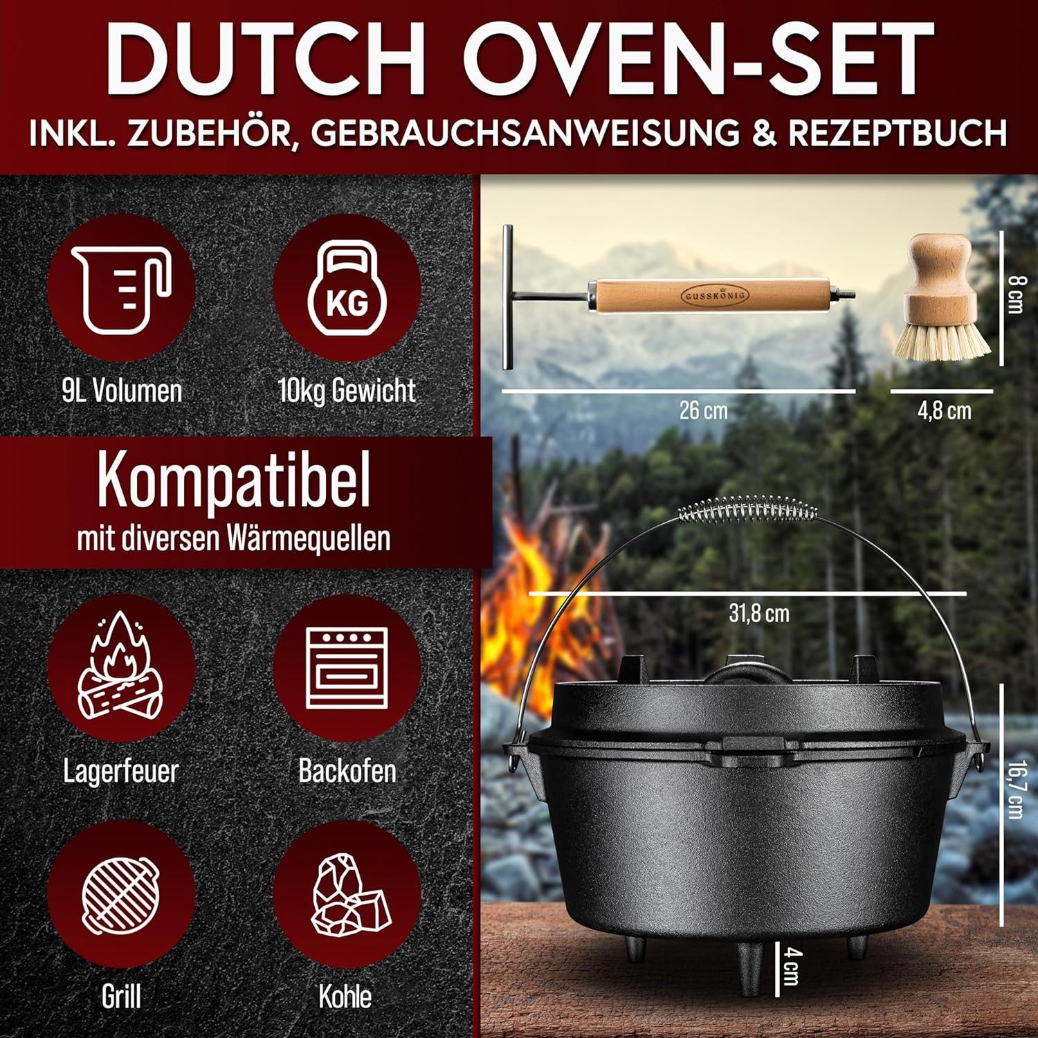 GUSSKÖNIG Schmortopf Gusskönig Set 12 Liter mit Füßen inkl. 2in1 Deckelheber Rezeptbuch