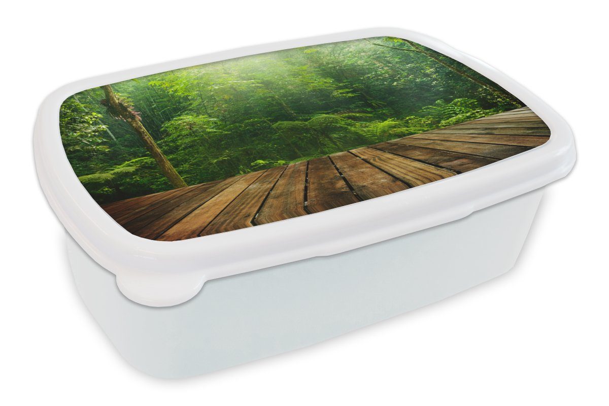 MuchoWow Lunchbox Boden - Holz - Dschungel - Jungen - Mädchen - Kinder - Kind, Kunststoff, (2-tlg), Brotbox für Kinder und Erwachsene, Brotdose, für Jungs und Mädchen weiß