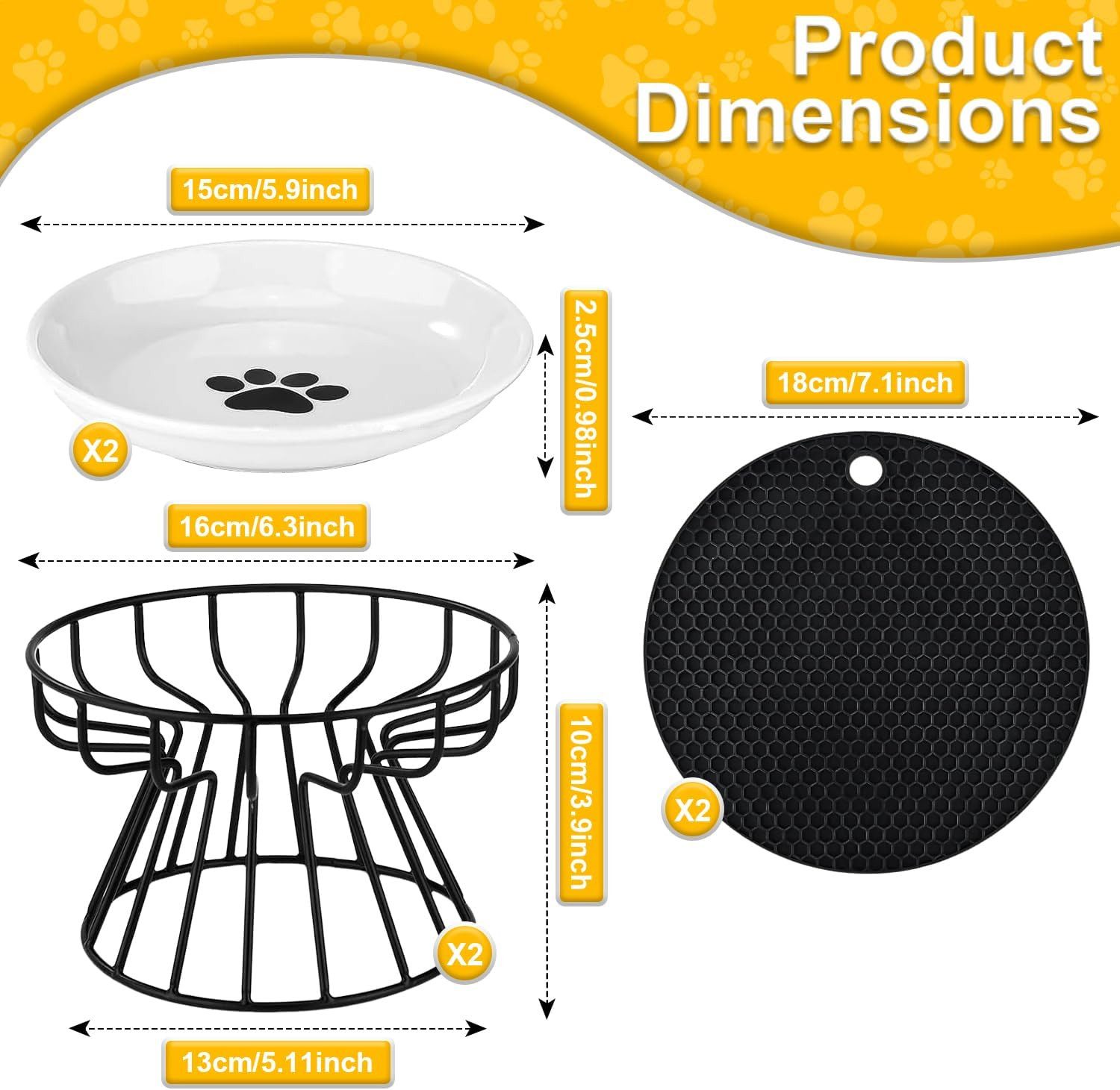 ibettertec Futternapf Katzennapf Erhöht, 2 Stück Katzennapf aus Keramik, mit Napfunterlage Silikon Und Metallständer, Zervixschutz-Katzennapf, 15 cm Durchmesser,10cm Metallständer