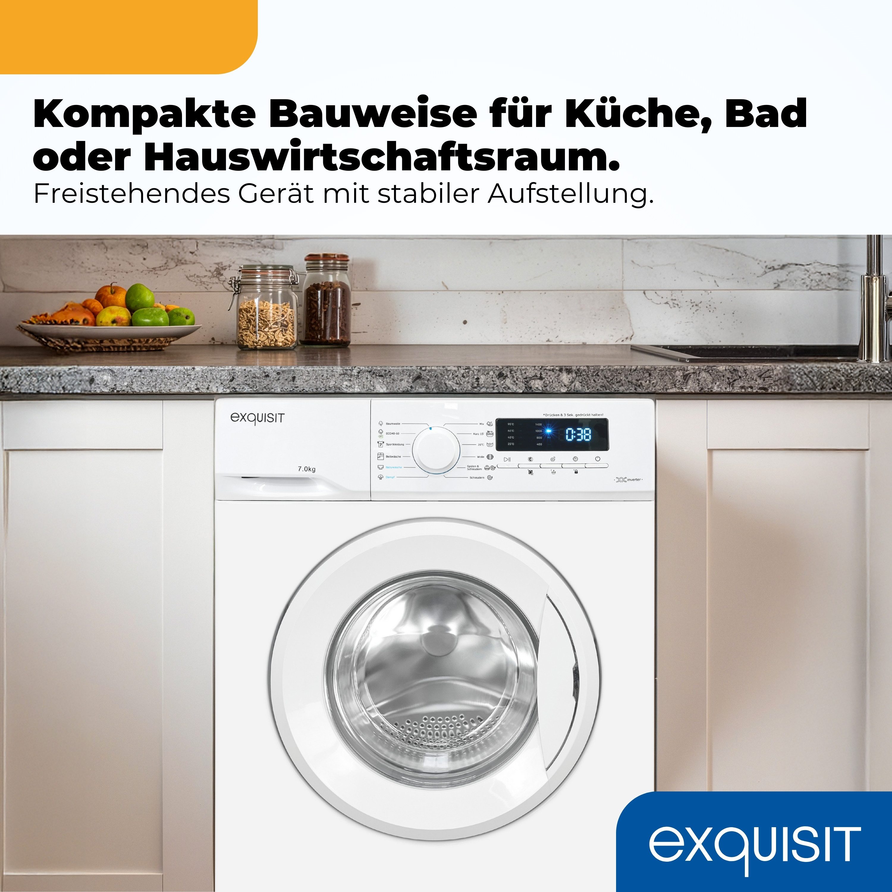 exquisit Waschmaschine WA57014-020A, 7 kg, 1400 U/min, 40 kWh, 37 L, 76 dB, Geräuschklasse B – Bild 3 von 5