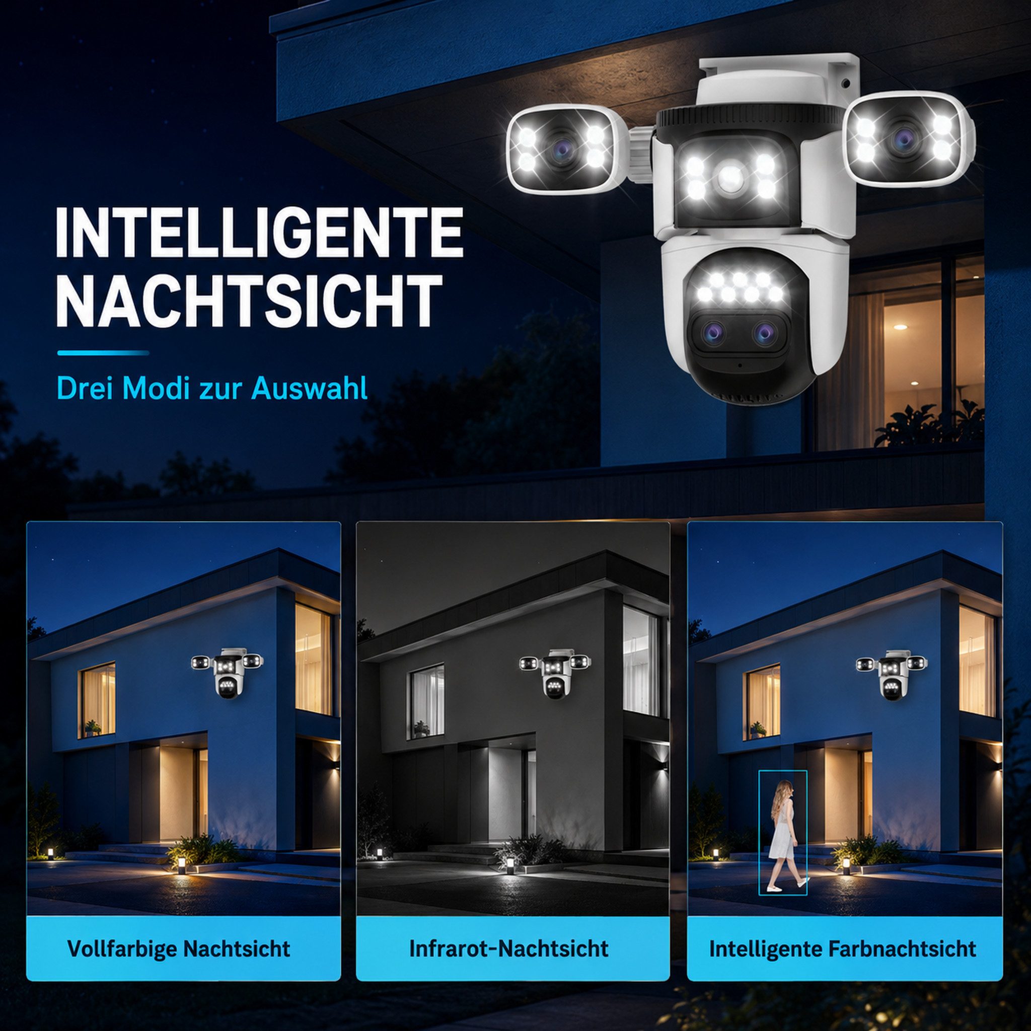 HS.SUPPLY IP-Überwachungskamera Sicherheitskamera 4 Objektive, Nachtsicht & Bewegungserkennung (Outdoor, Indoor, Komplett-Set, Spotlight-Kamera mit 4 individuel – Bild 5 von 5