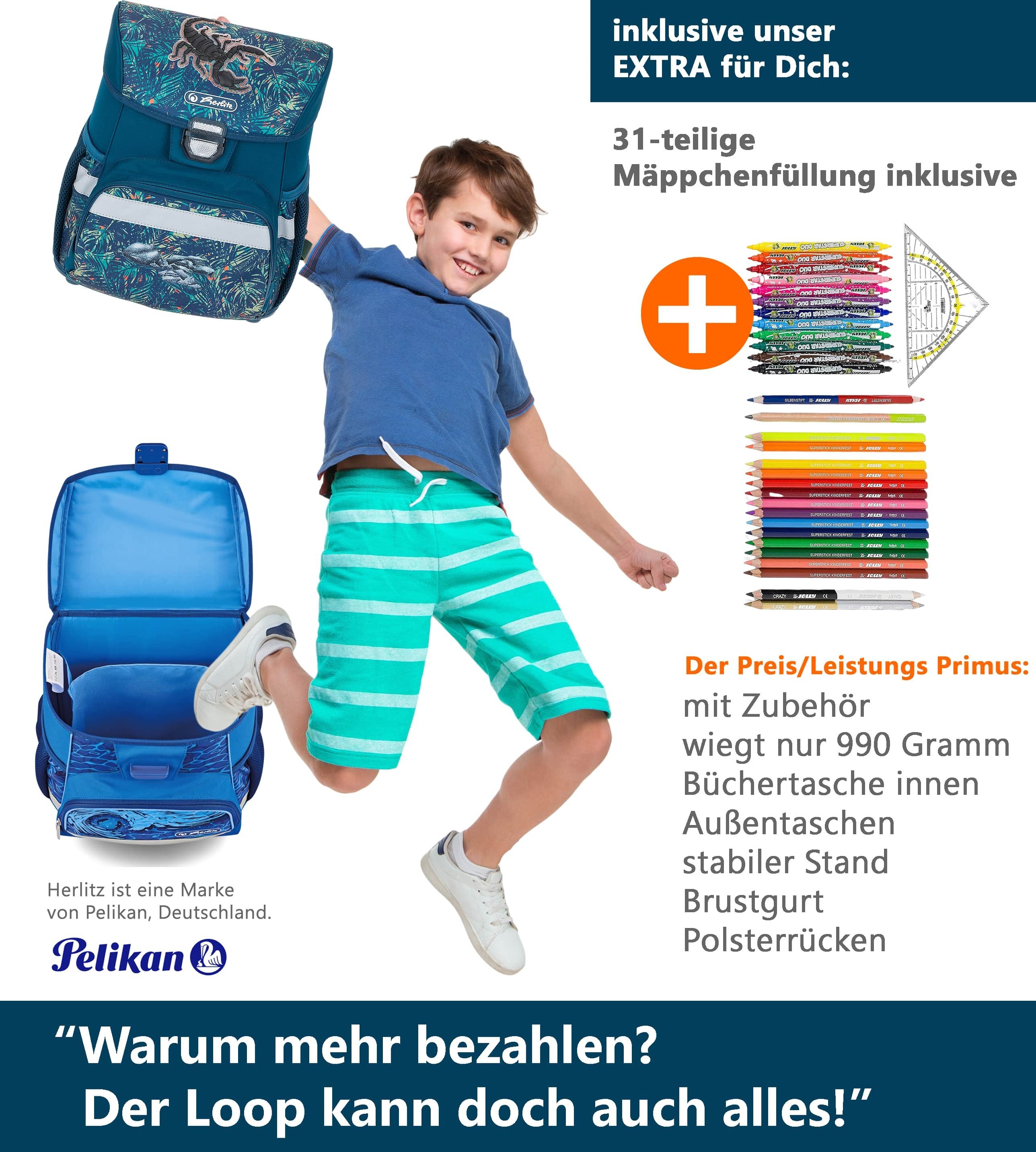 Herlitz Schulranzen Loop Plus Extra Jungen Mädchen leicht Schule (Set, Ranzen Mäppchen Füllung Faulenzer Beutel Flasche Farbkasten Anhänger), Schulmappe Schultasche Tornister 1. Klasse Grundschule 8 Teile efk v