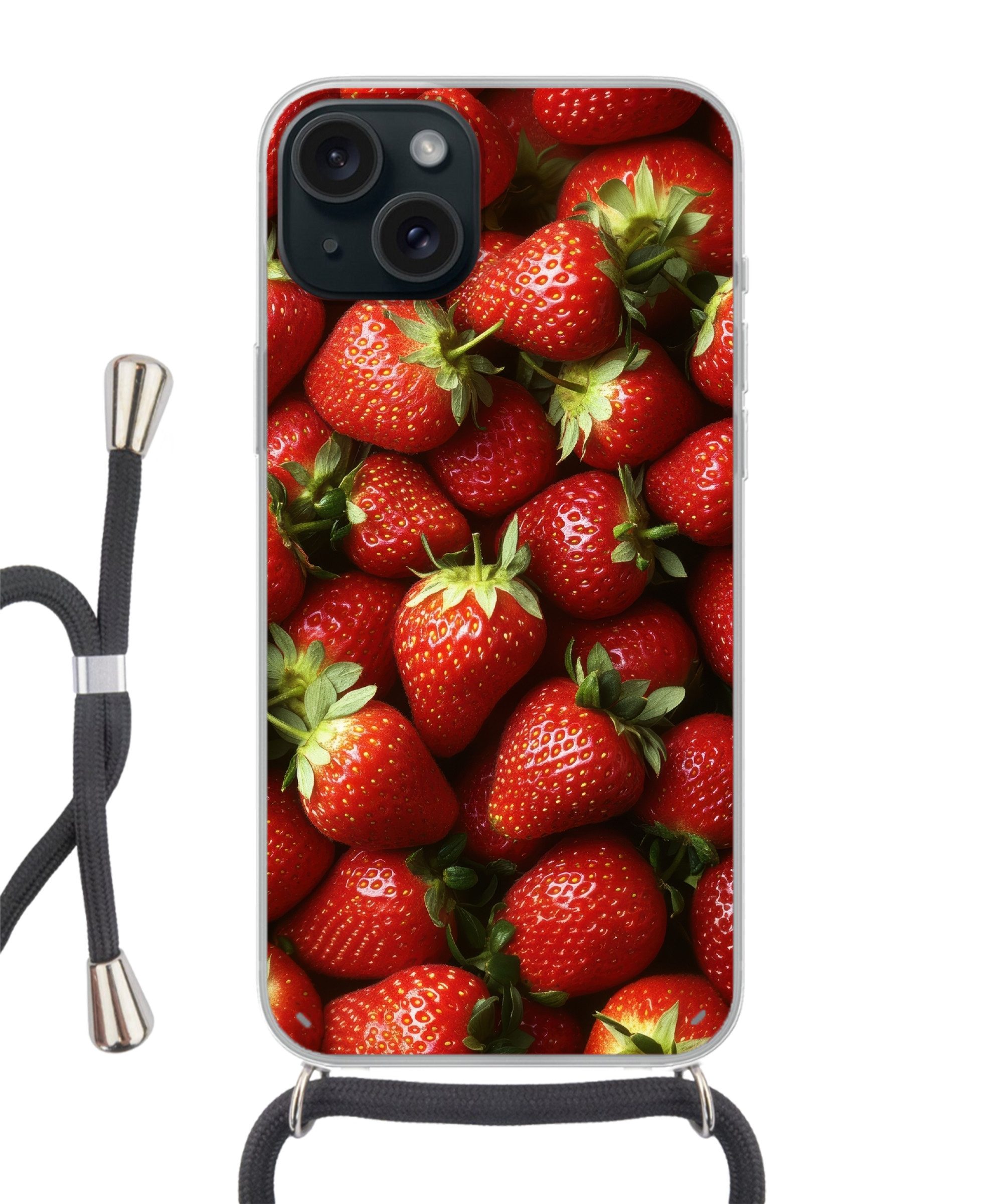 MuchoWow Handyhülle für Apple iPhone 15 Plus Erdbeere - Obst - Rot, Tragbare Handyhüllen mit Kette zum umhängen, Handykette Handyband