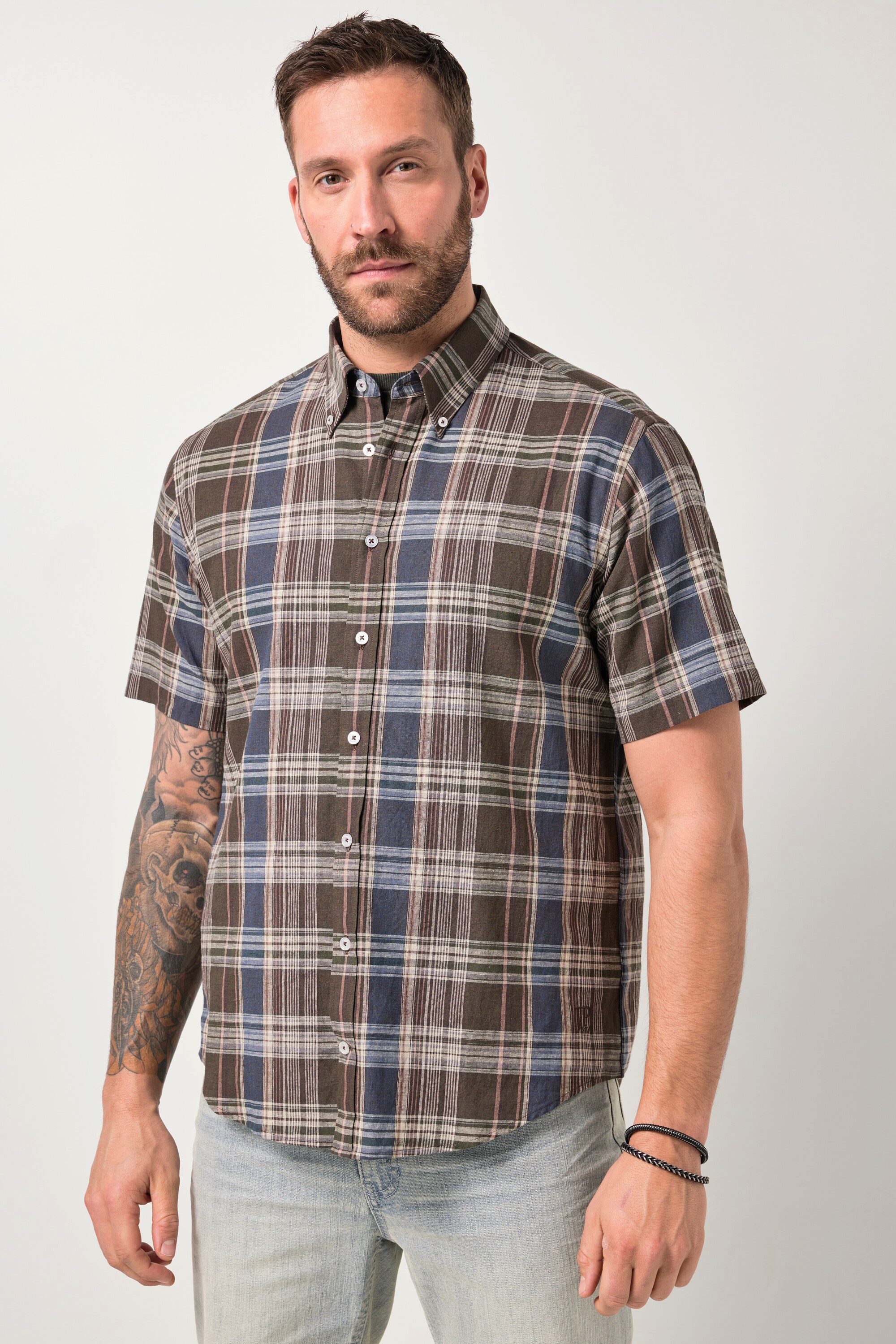 Kurzarmhemd Karohemd Halbarm Leinenmix Buttondown-Kragen