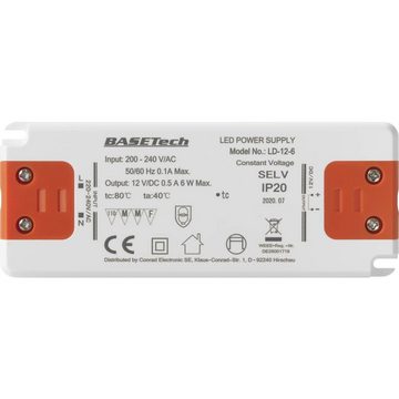 Basetech LED Aufbaustrahler LED-Trafo 6 W 12 V/DC 0.5 A, Anschluss (Bauelemente): Schraubklemme · Ausführung (LED-Treiber): Konstantspannung · Ausgangsstrom (max): 0.5 A · Betriebsspannung: 12 V/DC · Eingangsspannung (max): 240 V/AC · Eingangsspannung (min): 220 V/AC · LED-Treiber-Besonderheiten: Möbelzulassung, Überspannung, Montage auf entflammbaren Oberflächen · Leistung (max): 6 W · Produktabmessung, Breite: 50 mm · Produktabmessung, Höhe: 12 mm · Produktabmessung, Länge: 127 mm · Prüfzeichen: SELV class II · Schutzklasse: II, EMV · F · MM, IP20 · Temperatur (max): 40 °C · Temperatur (min): 0 °C, LED-Trafo