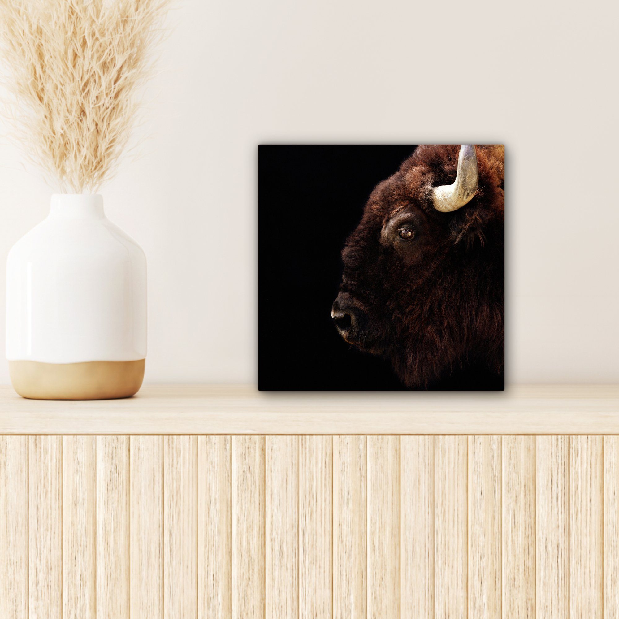 20x20 Schlafzimmer, OneMillionCanvasses® St), - Leinwand - Horn Bison Porträt, Wohnzimmer cm für (1 Leinwandbild Bilder