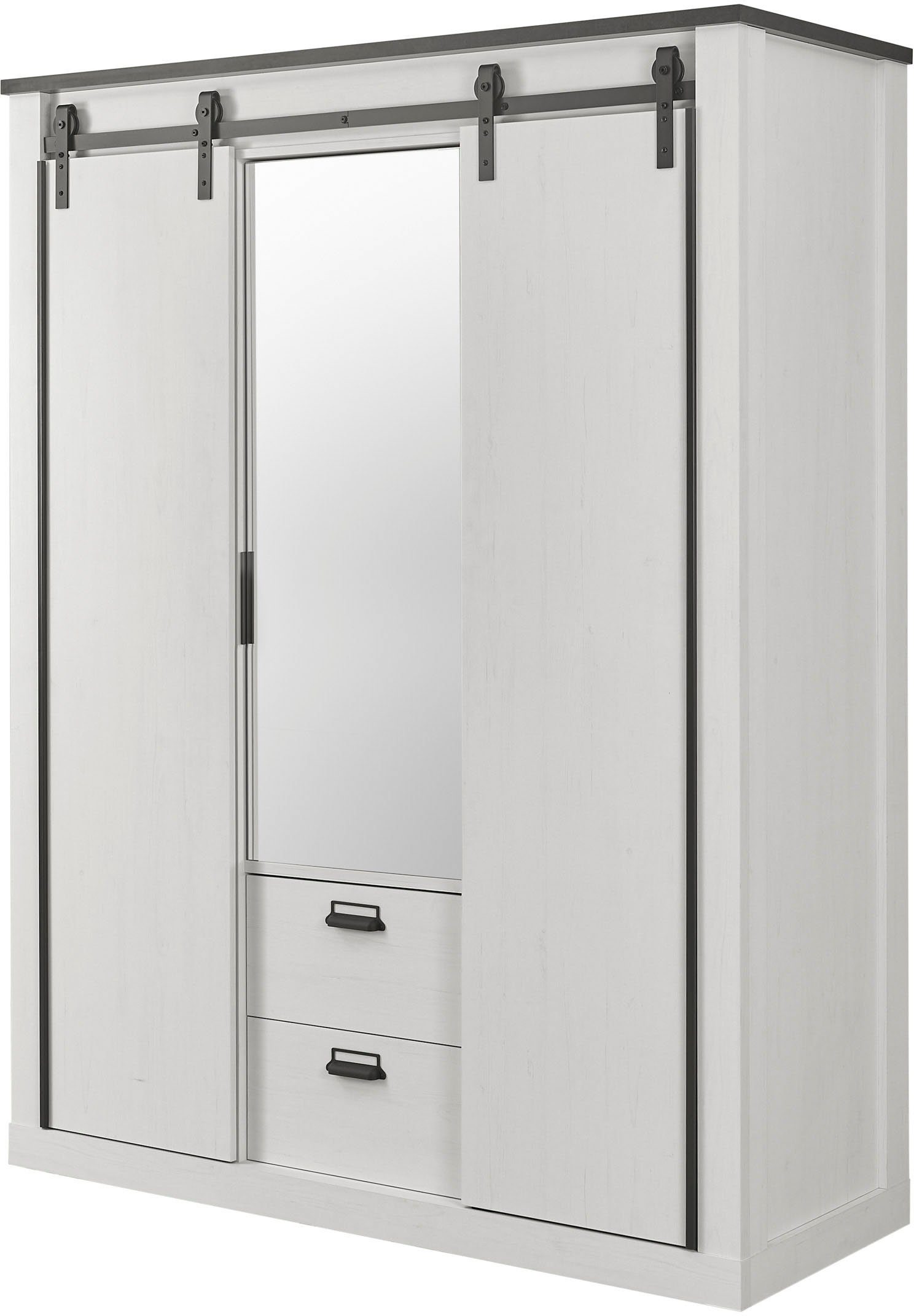 Home affaire Kleiderschrank SHERWOOD Schlafzimmerschrank mit Spiegel,2 Schubladen, Wäscheschrank Schiebetüren mit Scheunentorbeschlag aus Metall, B/T/H 161/63/209cm